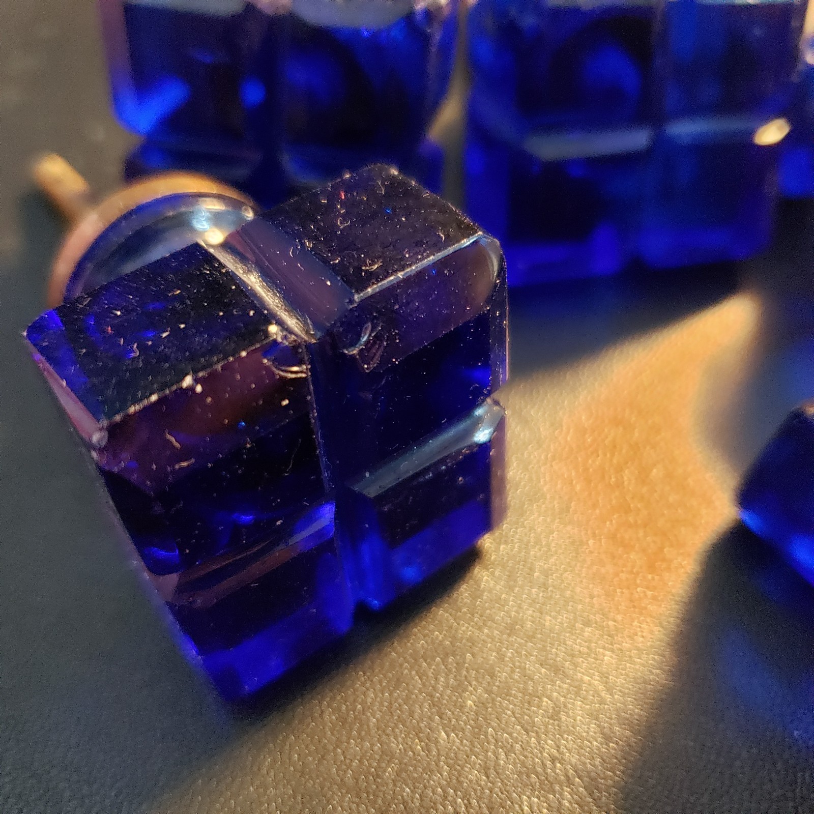 Vintage Cobalt Blue Cut Glass Square Drawer Knobs Pulls Brass Lot of 6