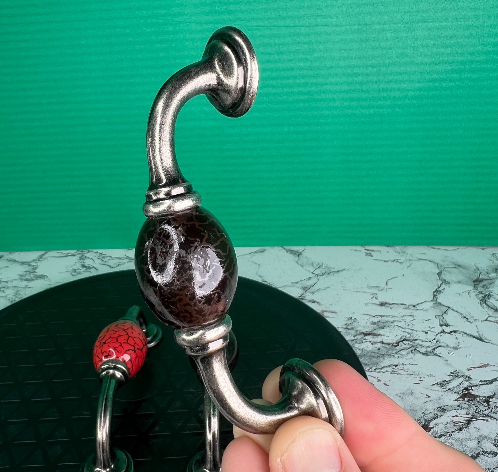 Lot of 3 Vintage Crackle Ceramic Cabinet Pulls Handles Red Black Silver 78 chars