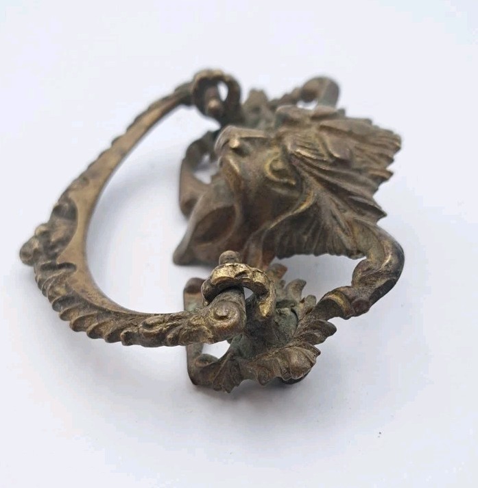 Antique Lion Face Drop Bail Pull Drawer Cabinet Handle Ornate Old Brass Hardware
