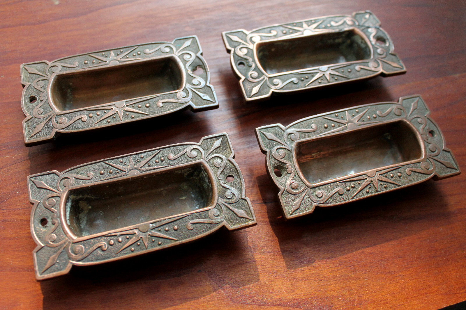 4 pcs Antique Late 1800’s Copper/Bronze Drawer/Door/Sash Finger Pull Recessed