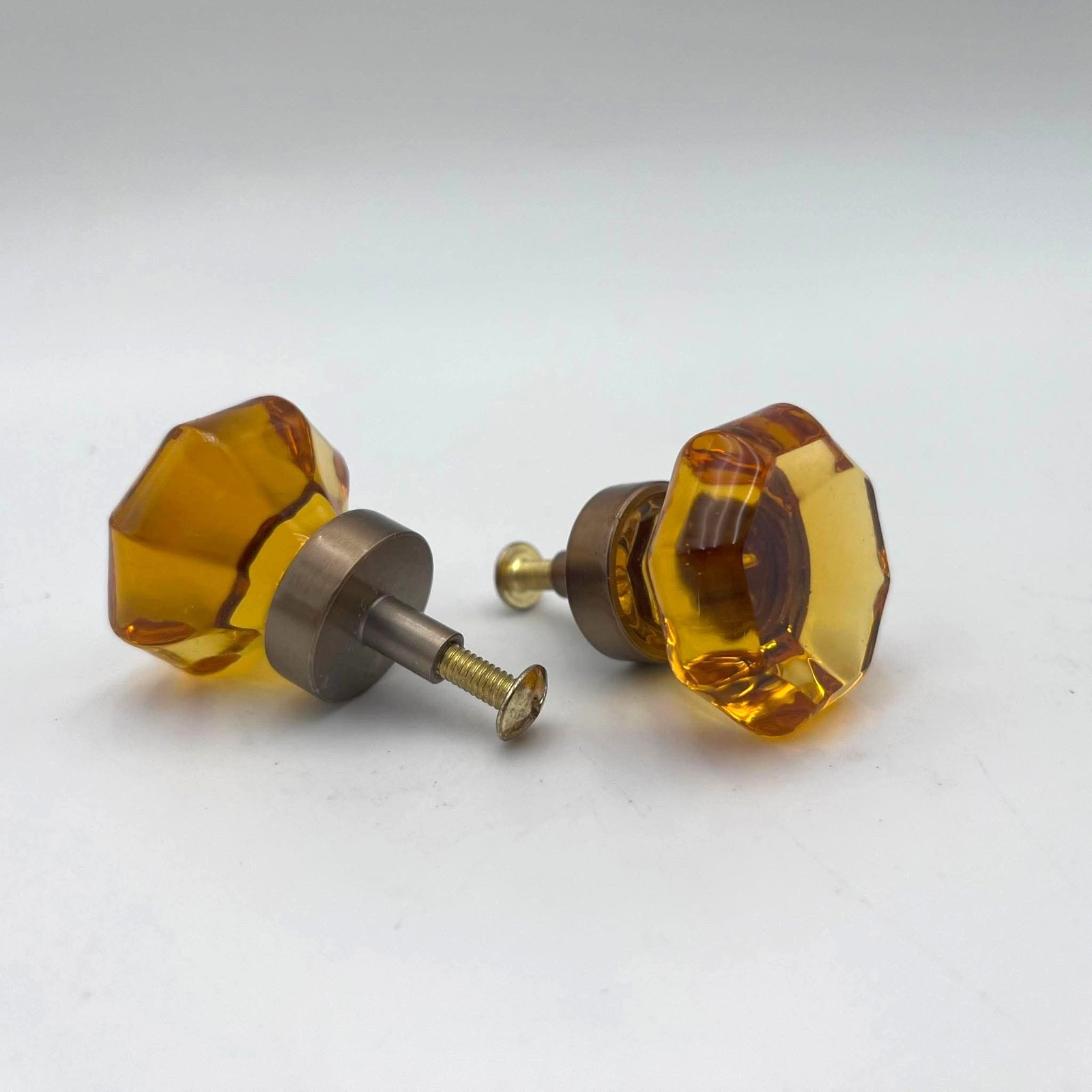 Vintage Amber Glass Cabinet/Drawer Knobs Octagon Crystal Dresser Pulls