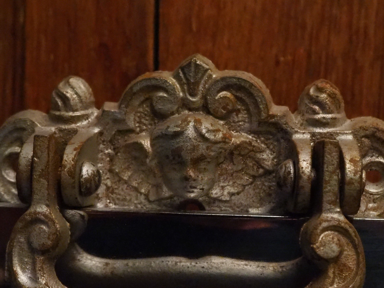 Antique French Pair of Gothic Silver look Child Coffin Handles Angel Head
