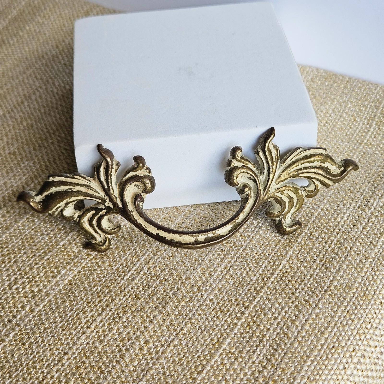 French Provincial Bail Drop Drawer Pulls Pair Antique Brass Patina Ornate M1676