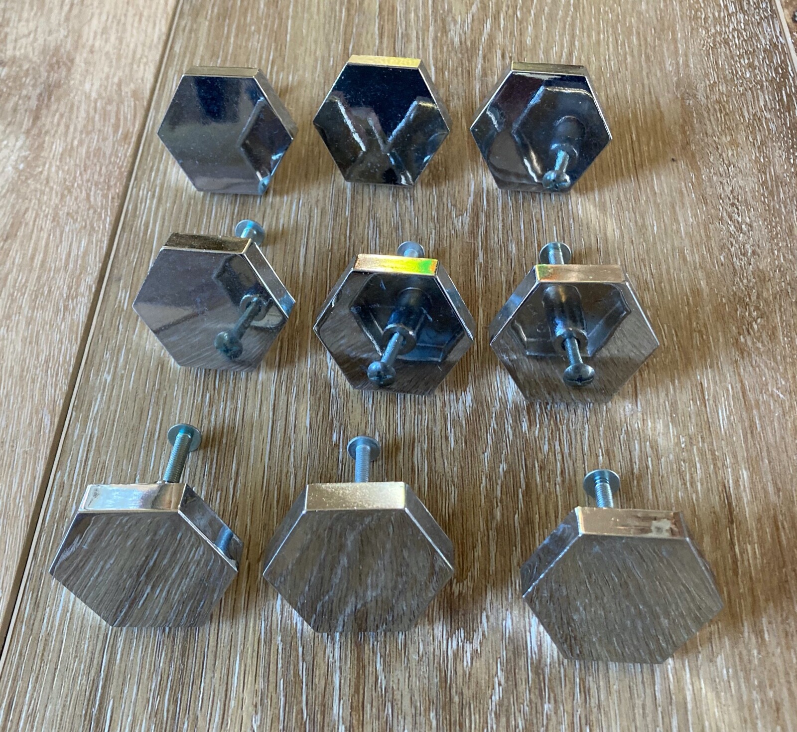 9 Vintage Shiny Chrome 1.5″ Hexagonal Cabinet Pull Knobs