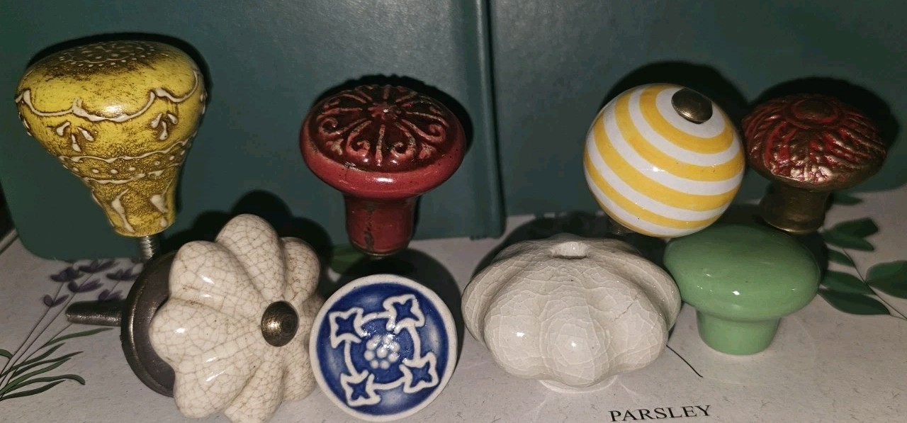 LOT of 8 Unique Drawer Pulls Cast Iron, Enameled, Ceramic, Wood, Porcelain