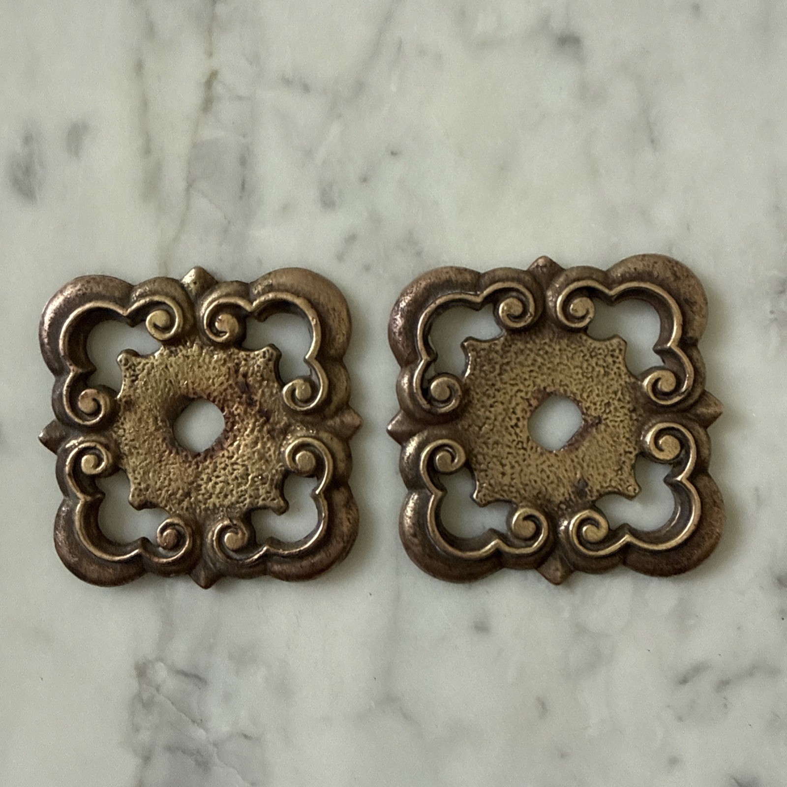 Pair of Vintage KBC Ornate Small Square Backplate (KBC brass co, style N3064)