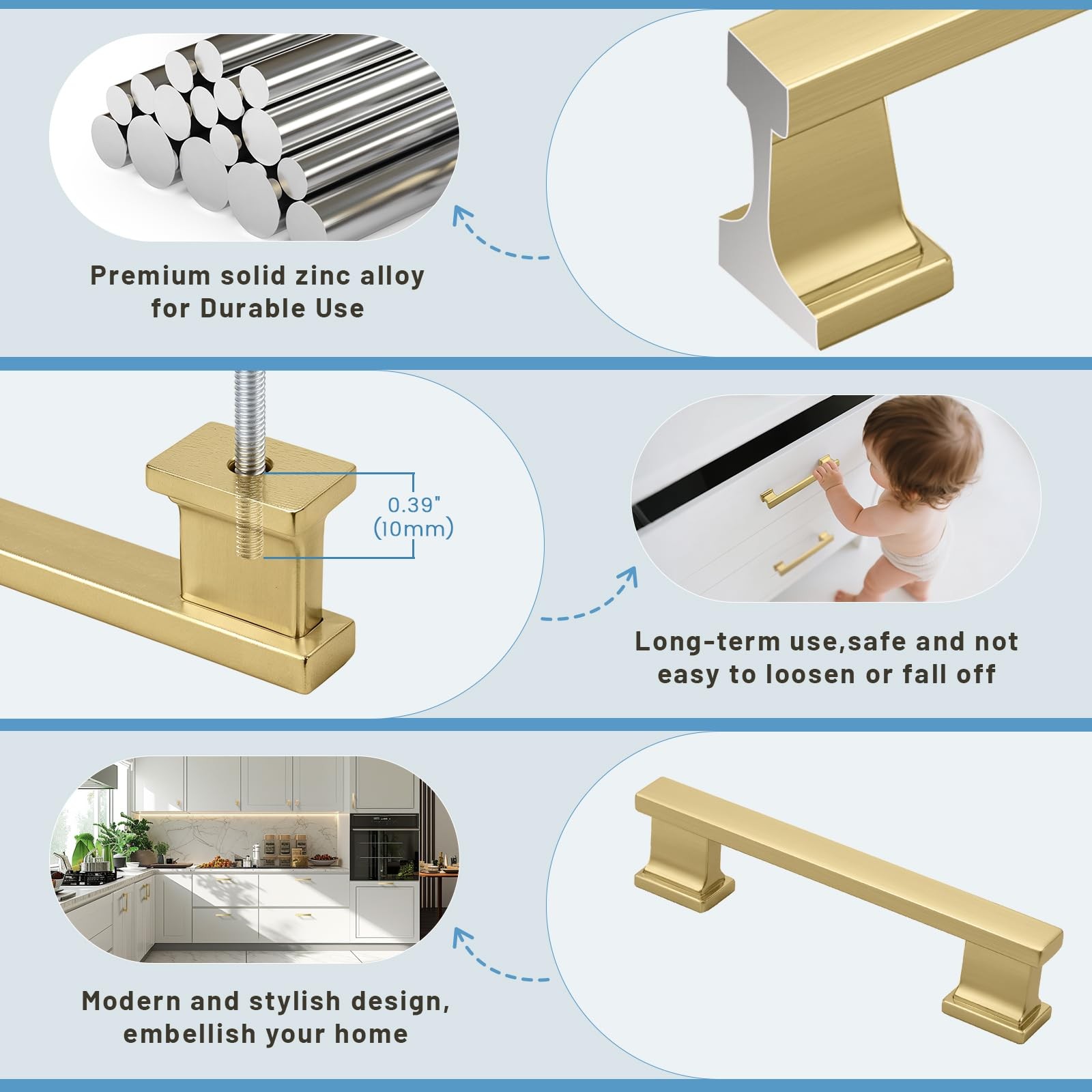 Knobwell 6 Pack Brushed Gold Solid Cabinet Pulls 3-3/4 Inch96Mm Hole Center