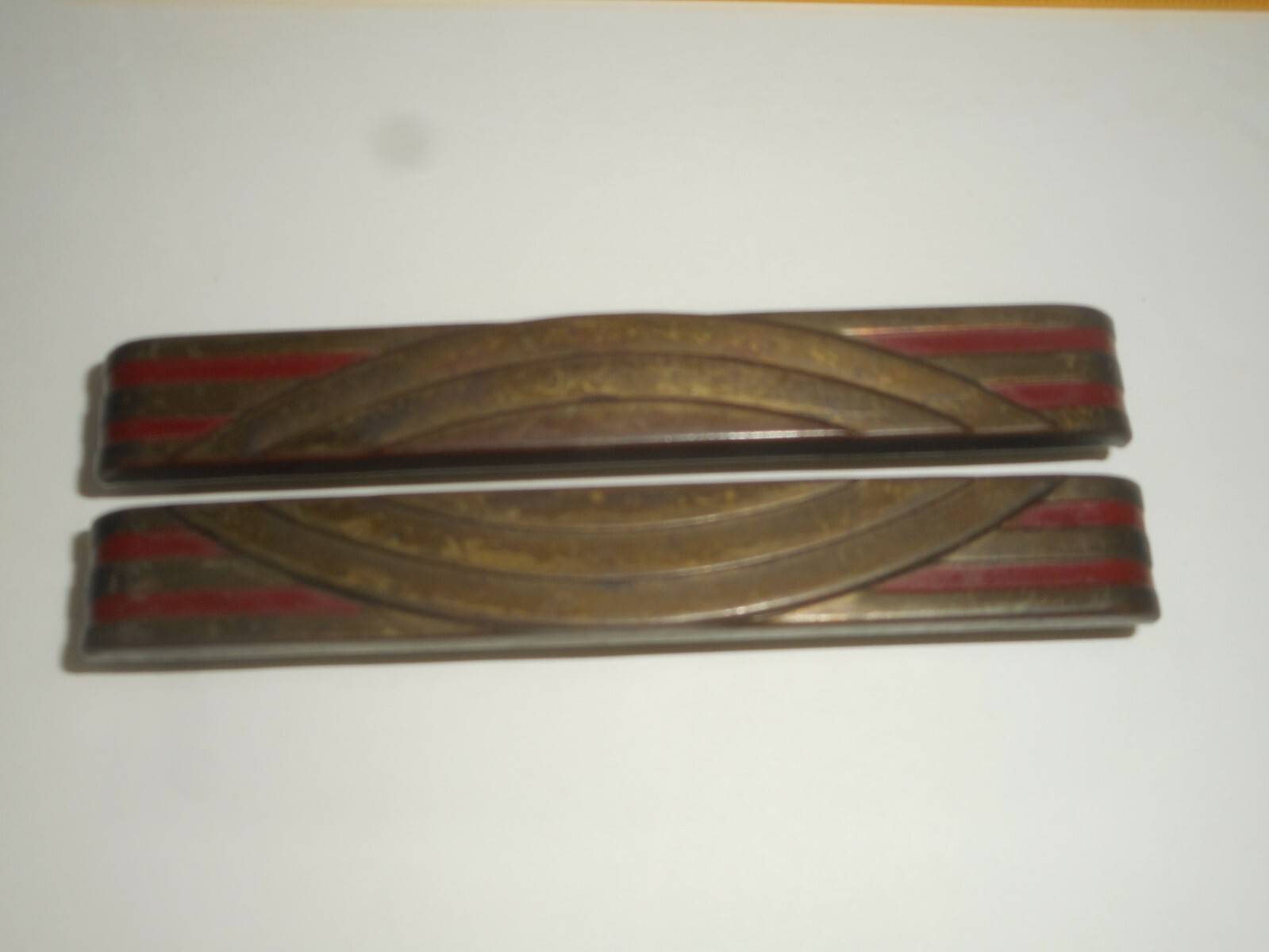 Antique ART DECO Dresser Drawer Pulls Pressed Metal WATERFALL ARCHES Red Paint 4
