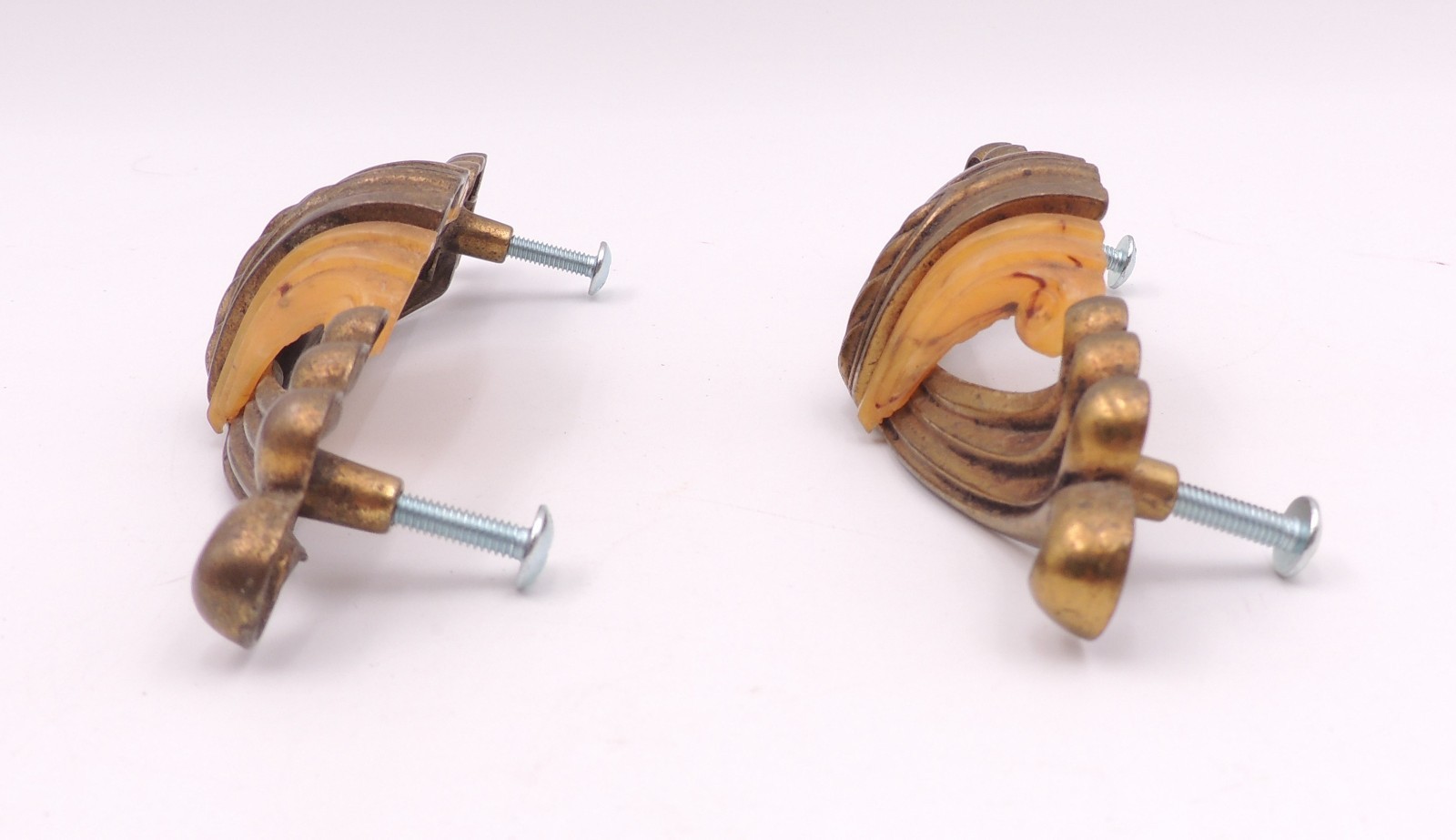 2 Art Deco Drawer Pull w/ Bakelite Vintage Knob Brasstone Waterfall Handle Set