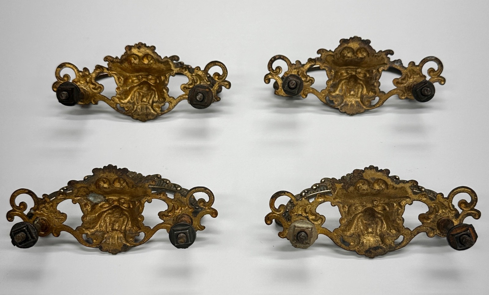 Four Antique North Wind Lion Face Cast Brass Drop Bail Dresser Drawer Pulls