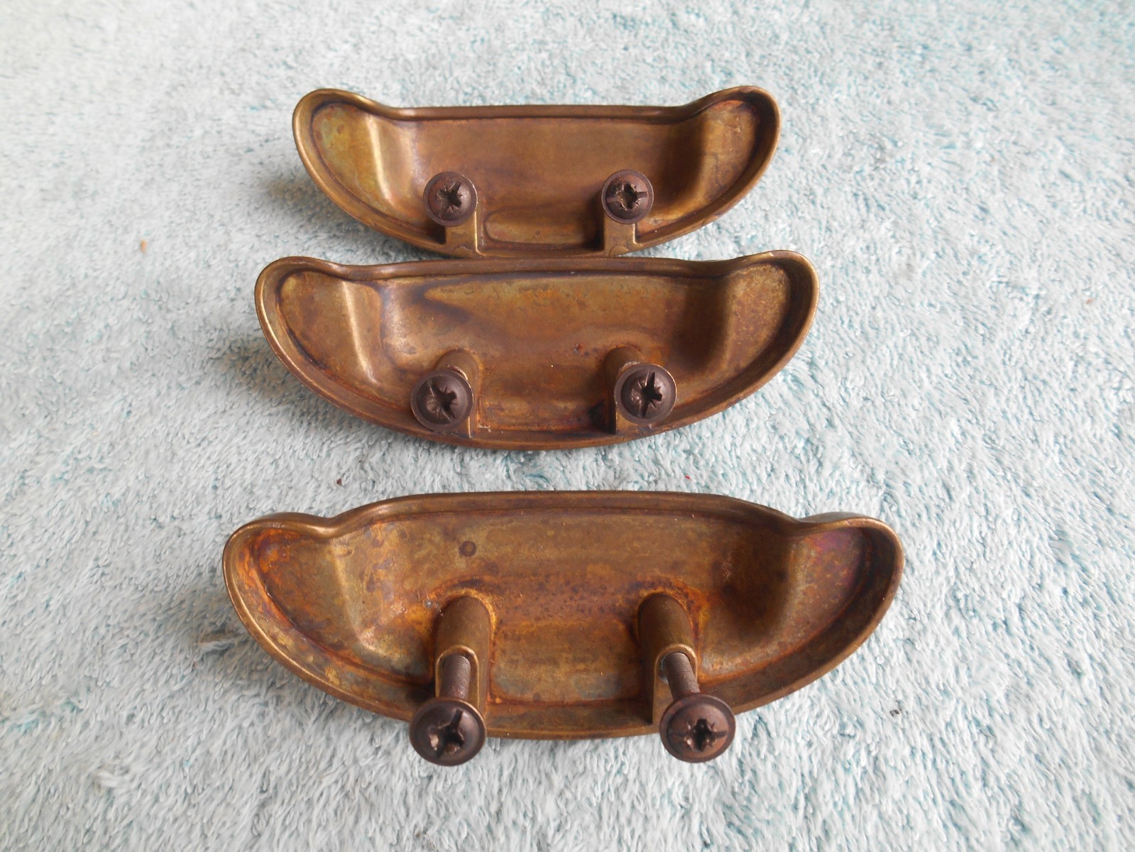 LOT OF 3 BRASS TONED DIE-CAST METAL DRAWER PULLS OR HANDLES WITH SCREWS