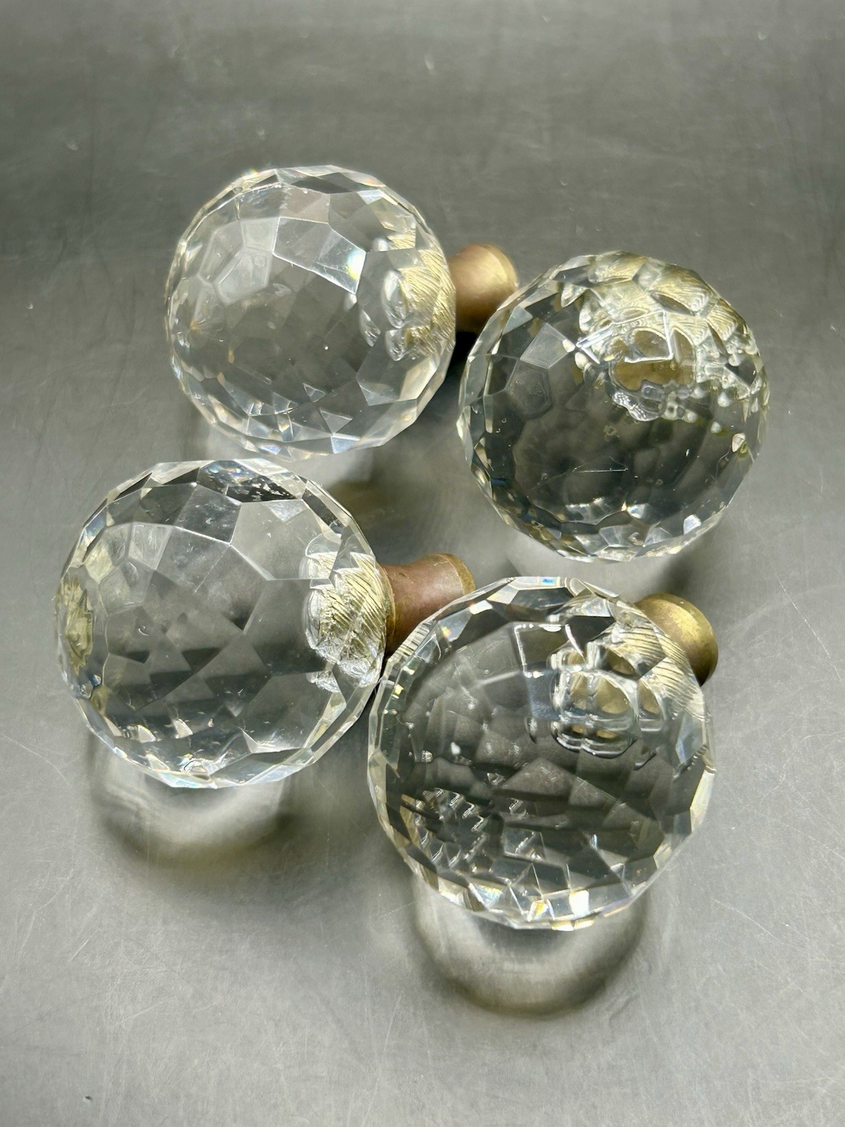 (4) Vintage Round Crystal Faceted Lamp Finials Drawer Pull Knobs/Brass Finish