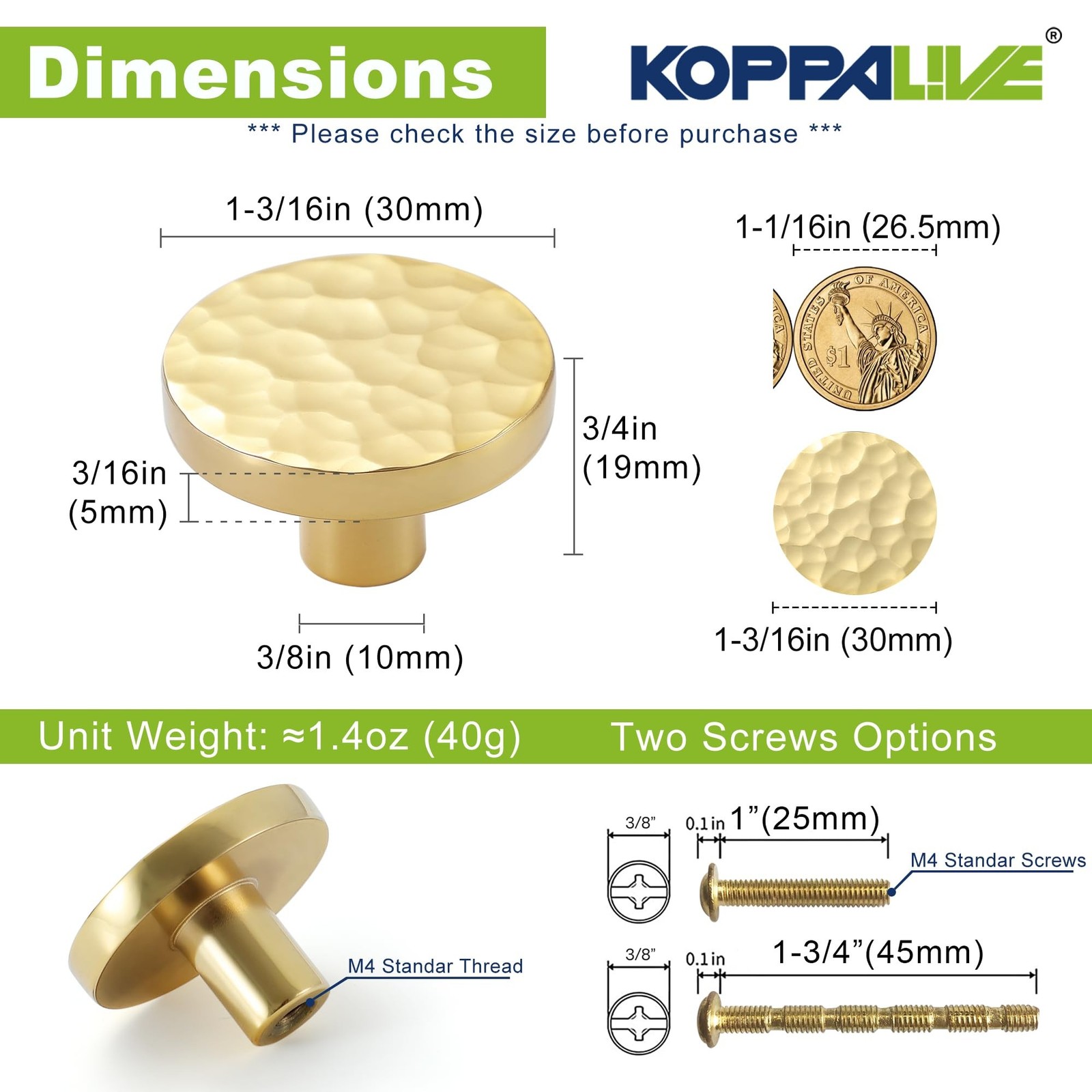 10-Pack Modern Gold Cabinet Knobs, Hammered Solid Brass Drawer Knobs, Round D…
