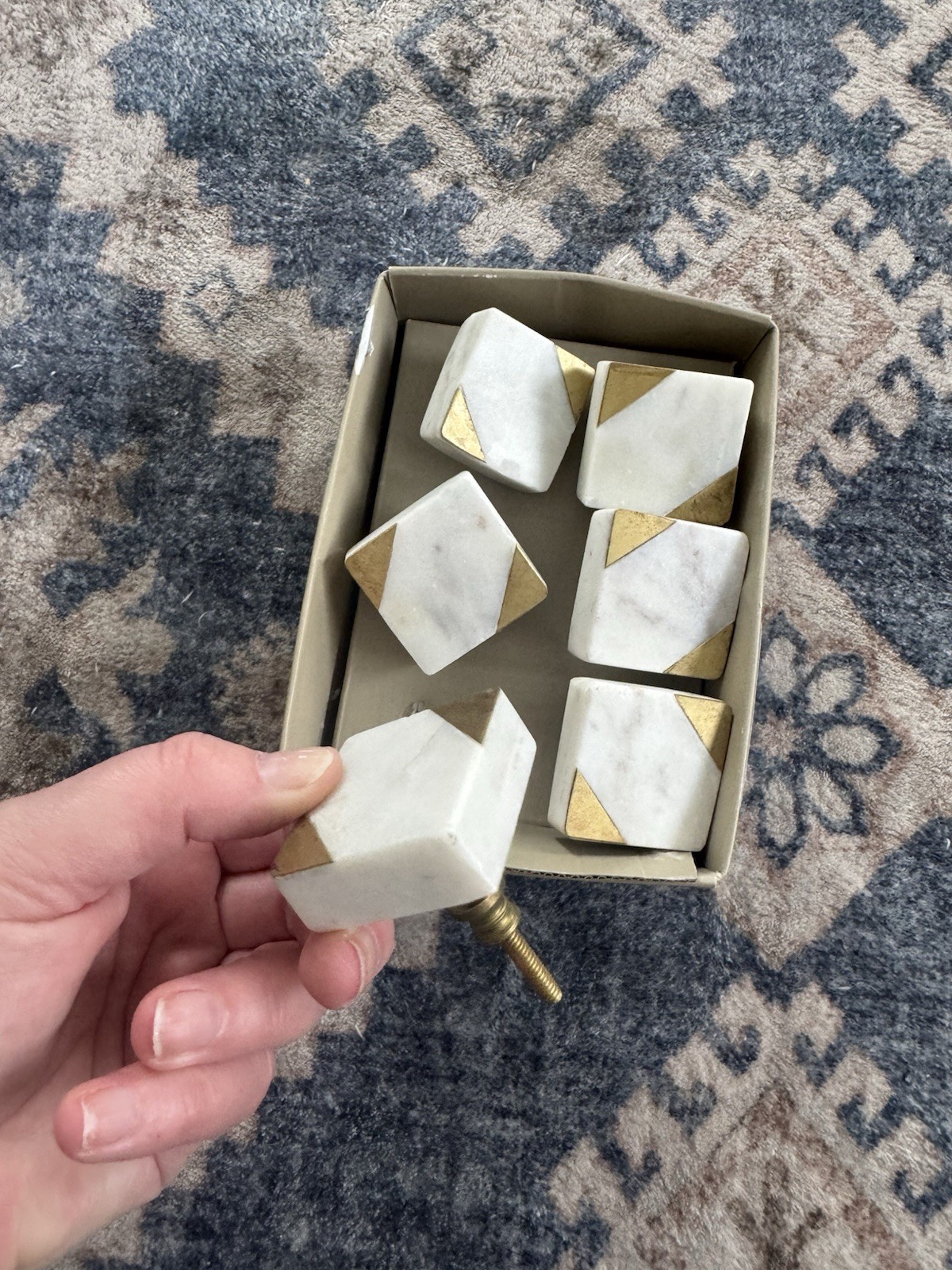 Set of 6 Marble & Brass Drawer Knobs Cabinet Pulls Modern Geometric Hardware