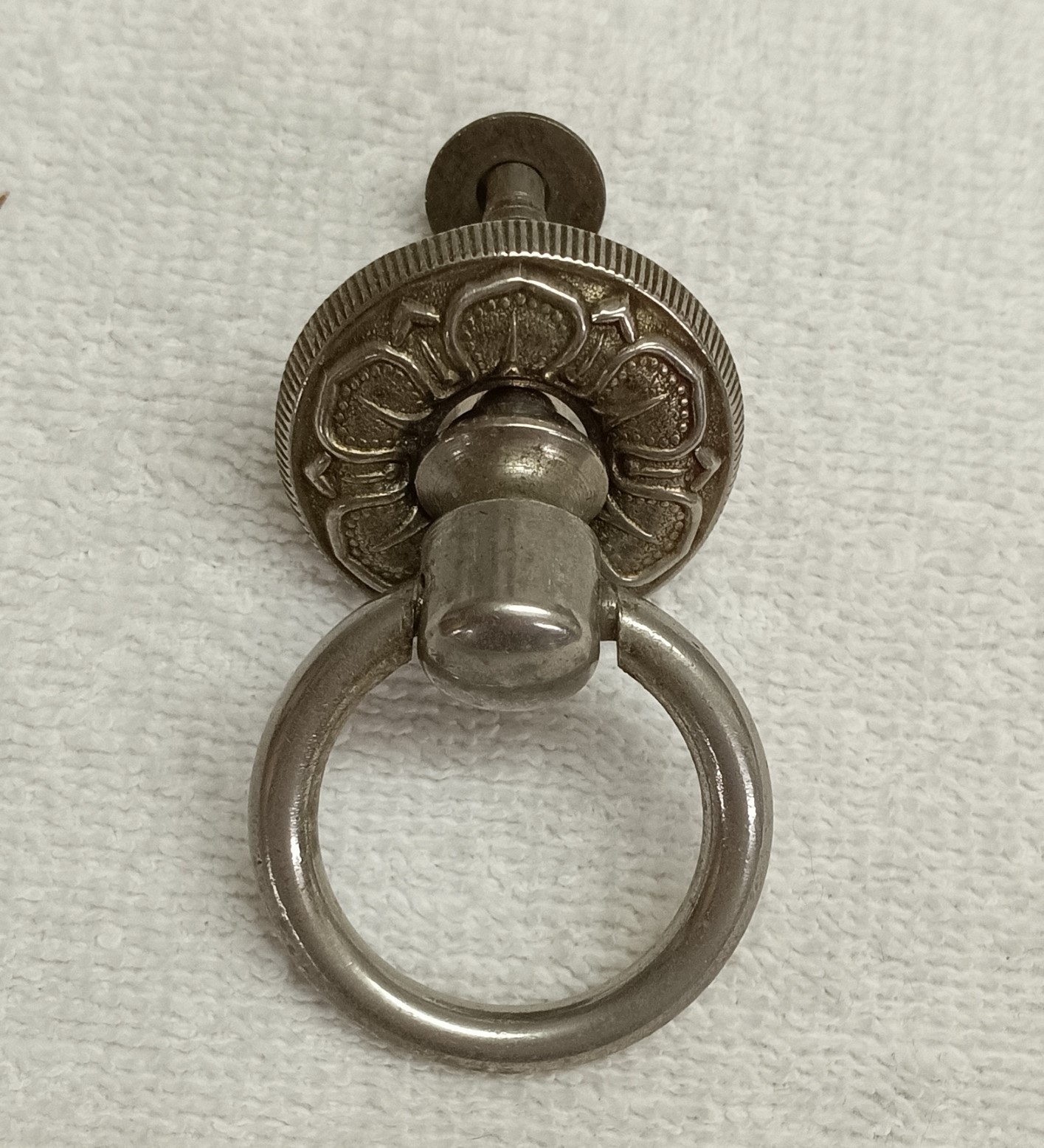 ANTIQUE HEAVY NICKLE PLATED BRASS DROP RING DRAWER,DESK,BIN ,DOOR PULL 1 1/4 IN