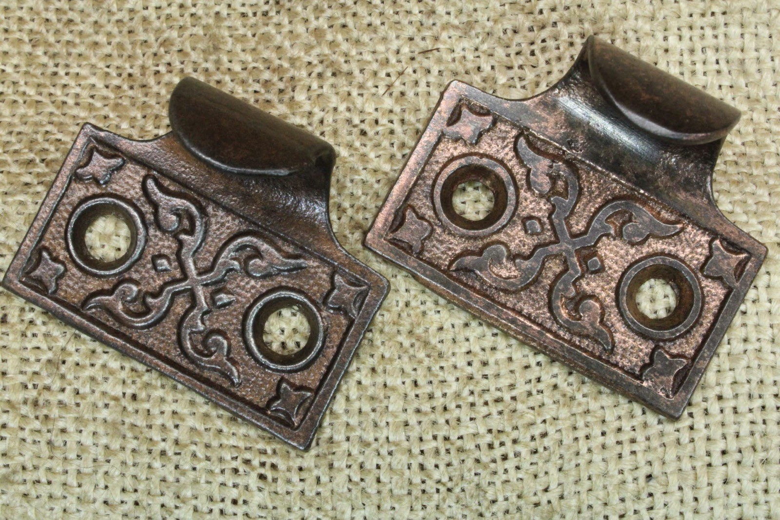 2 Old Window Sash Lifts Pulls Cast Iron Dark Copper Bronze Finish X Ferns Scroll