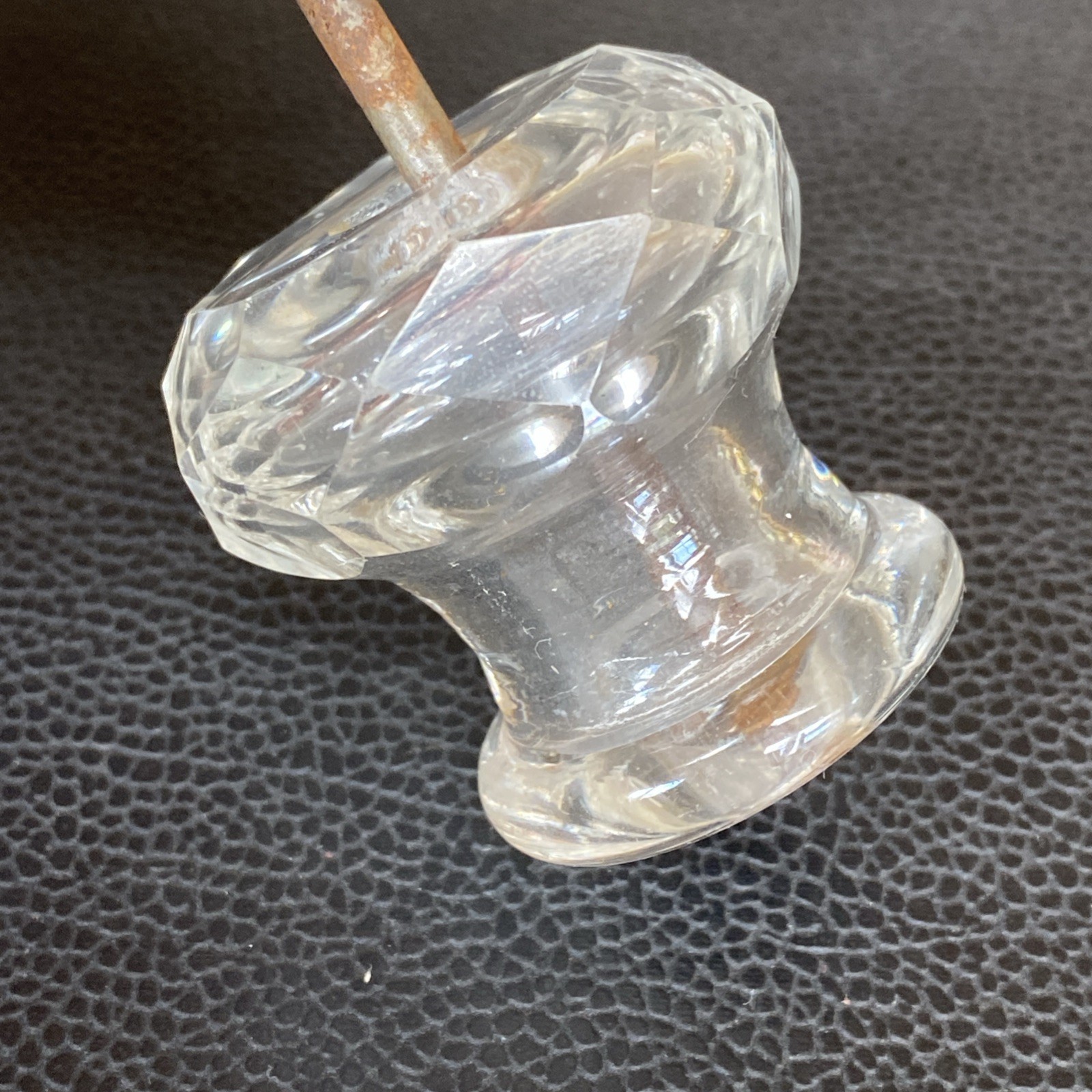 Faceted 1.75”x1-5/8” Antique Pressed Clear Glass Sandwich Drawer Pull Post Bolt