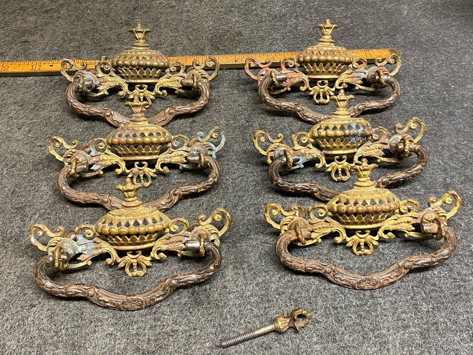 6 Antique Brass And Cast Iron Victorian Style Drawer Pulls 3” Bolt Pattern