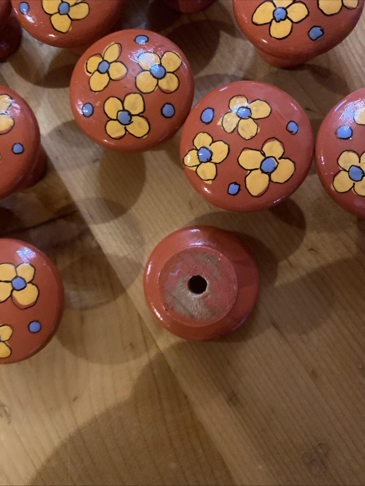 13 Wood drawer pulls/knobs Orange & Yellow & Blue 1” NOS