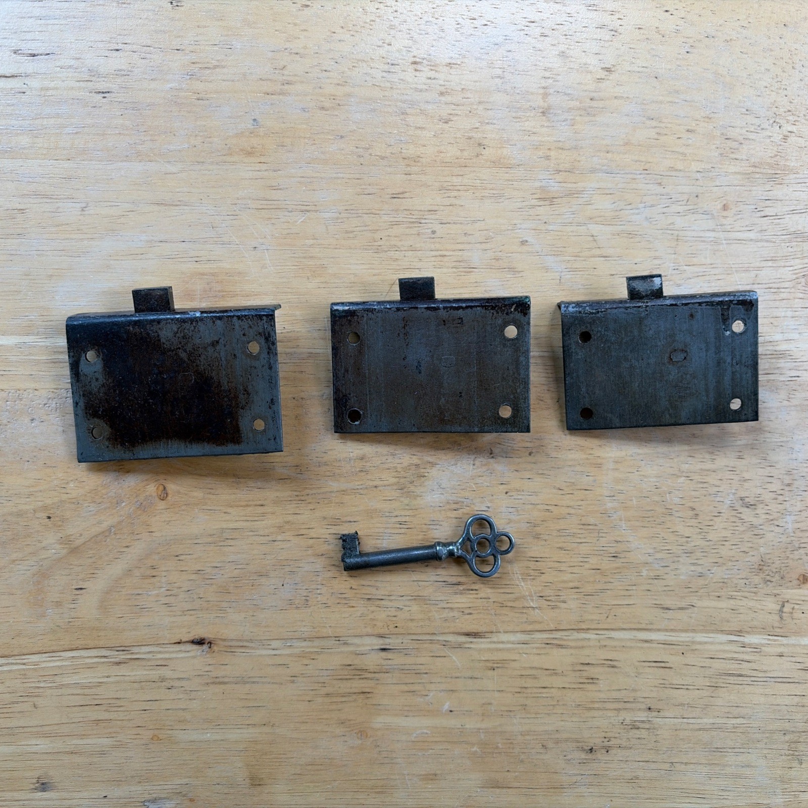 3 Salvaged Mid 1800 Empire Dresser Drawer Locks & Working Key, Free S/H