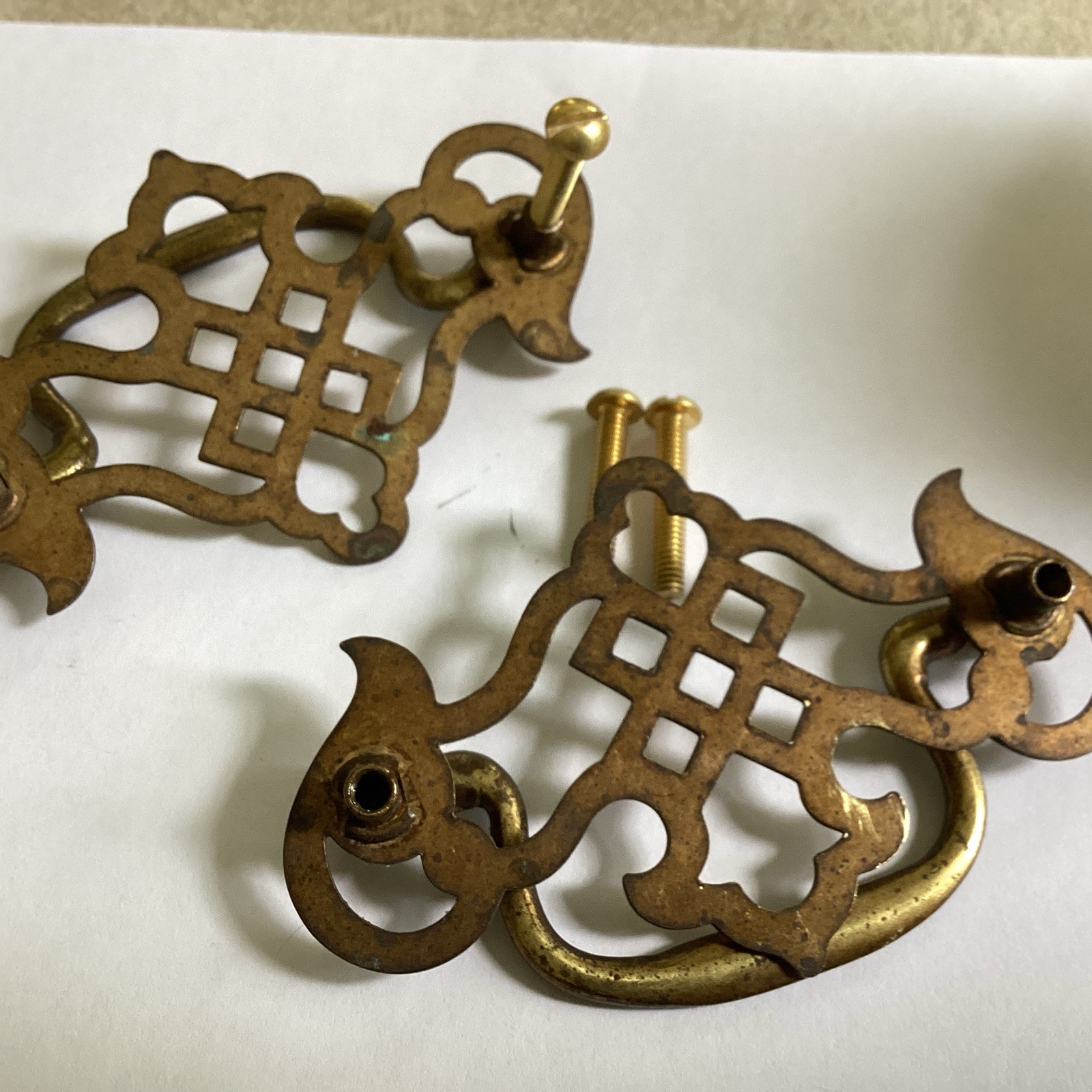 Nice Pair Vintage Pierced Brass Plated Chippendale Drawer Pull 3 In” In.