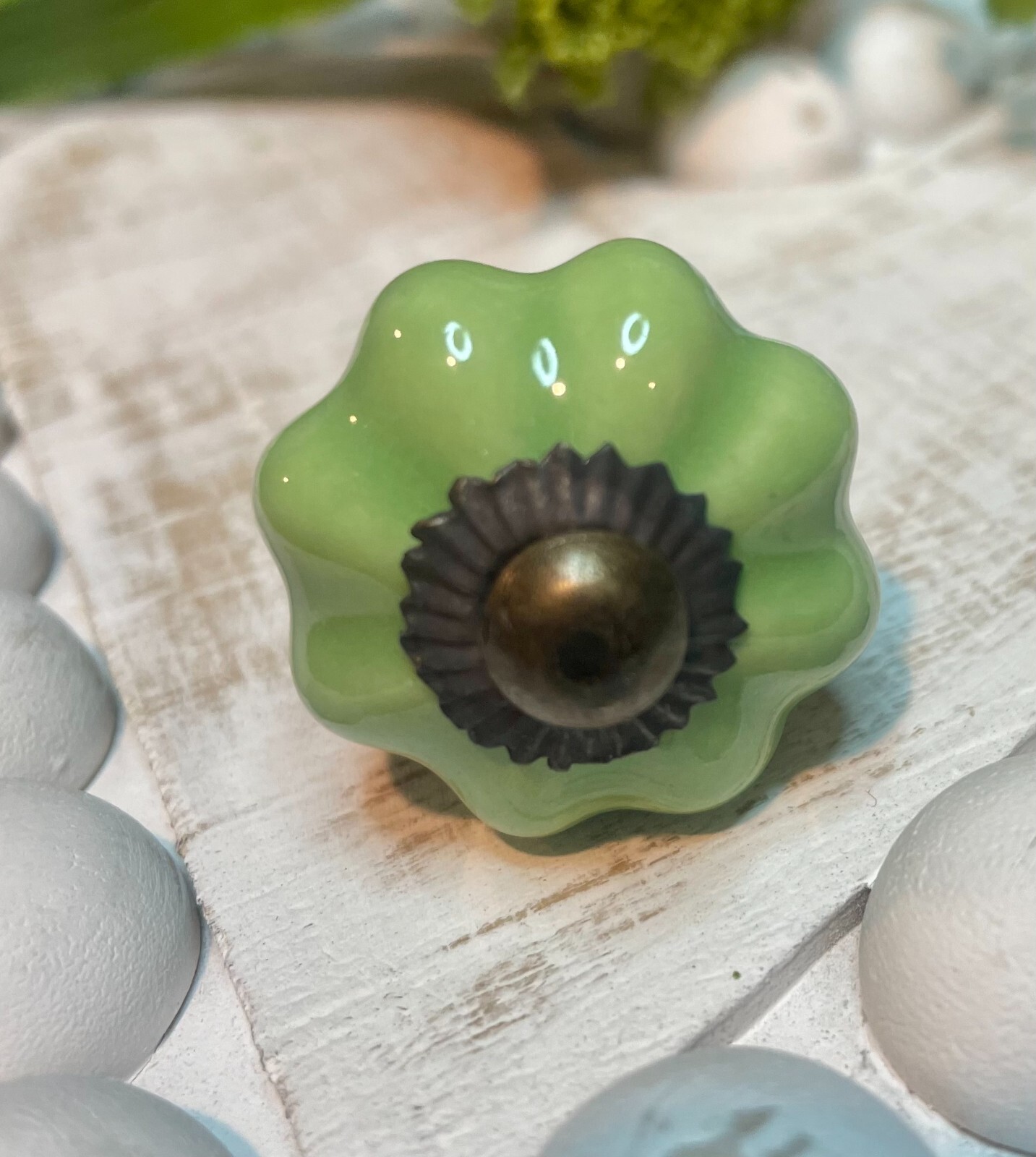 Antique Ceramic Gold Bronze Drawer Pulls Green Flower Door Kitchen Cabinet Knob