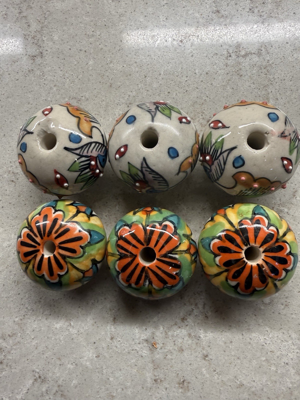 6 Round Ceramic Hand Painted Floral Theme Drawer Pulls Without Hardware READ