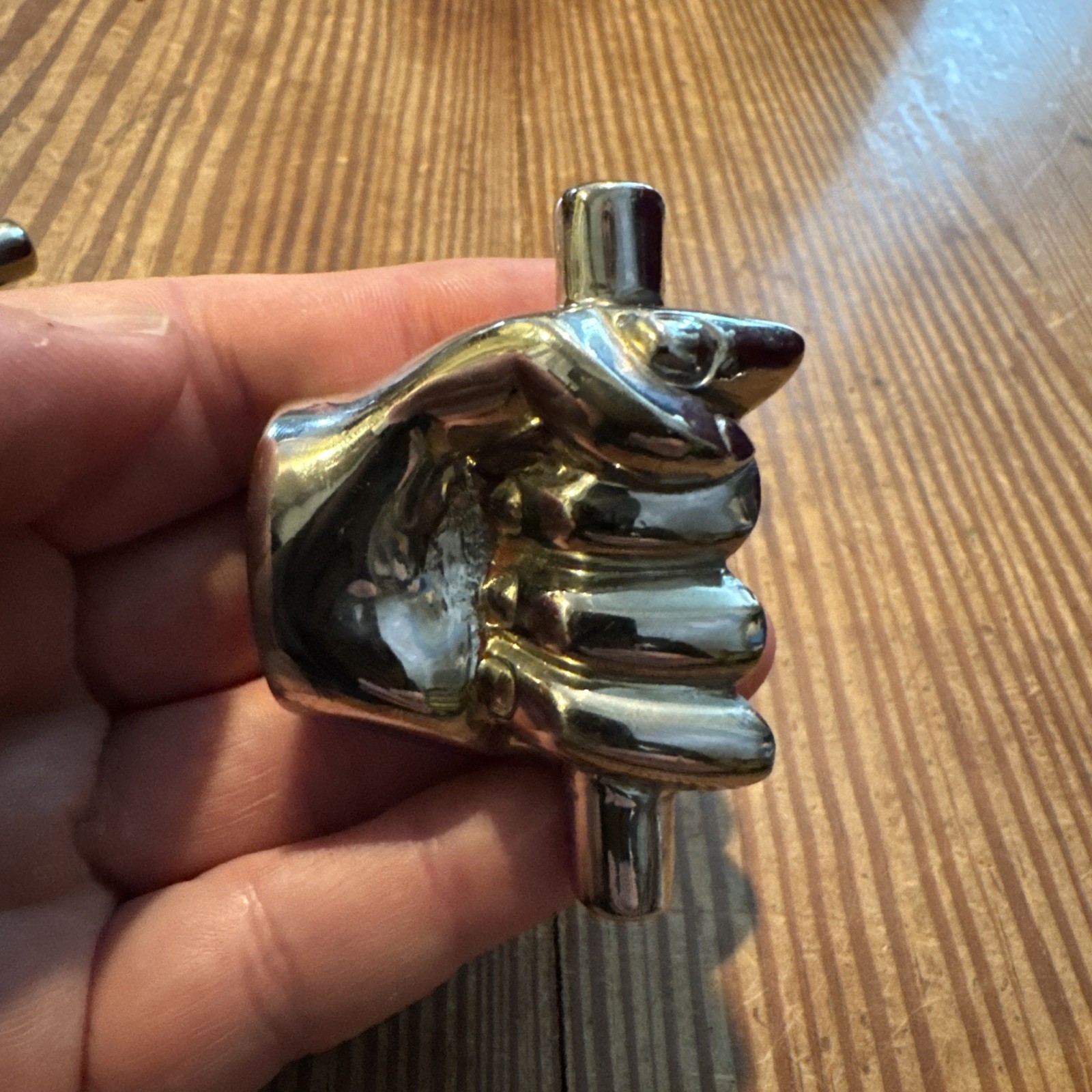 Chrome Pair Plated Figural Vintage Drawer Pulls Hands Gripping Bar Industrial