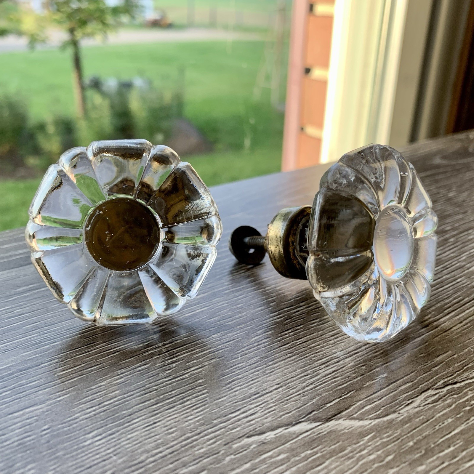 Antique Manganese Drawer Knobs Pair, UV Reactive Glass Knobs/Drawer Pulls