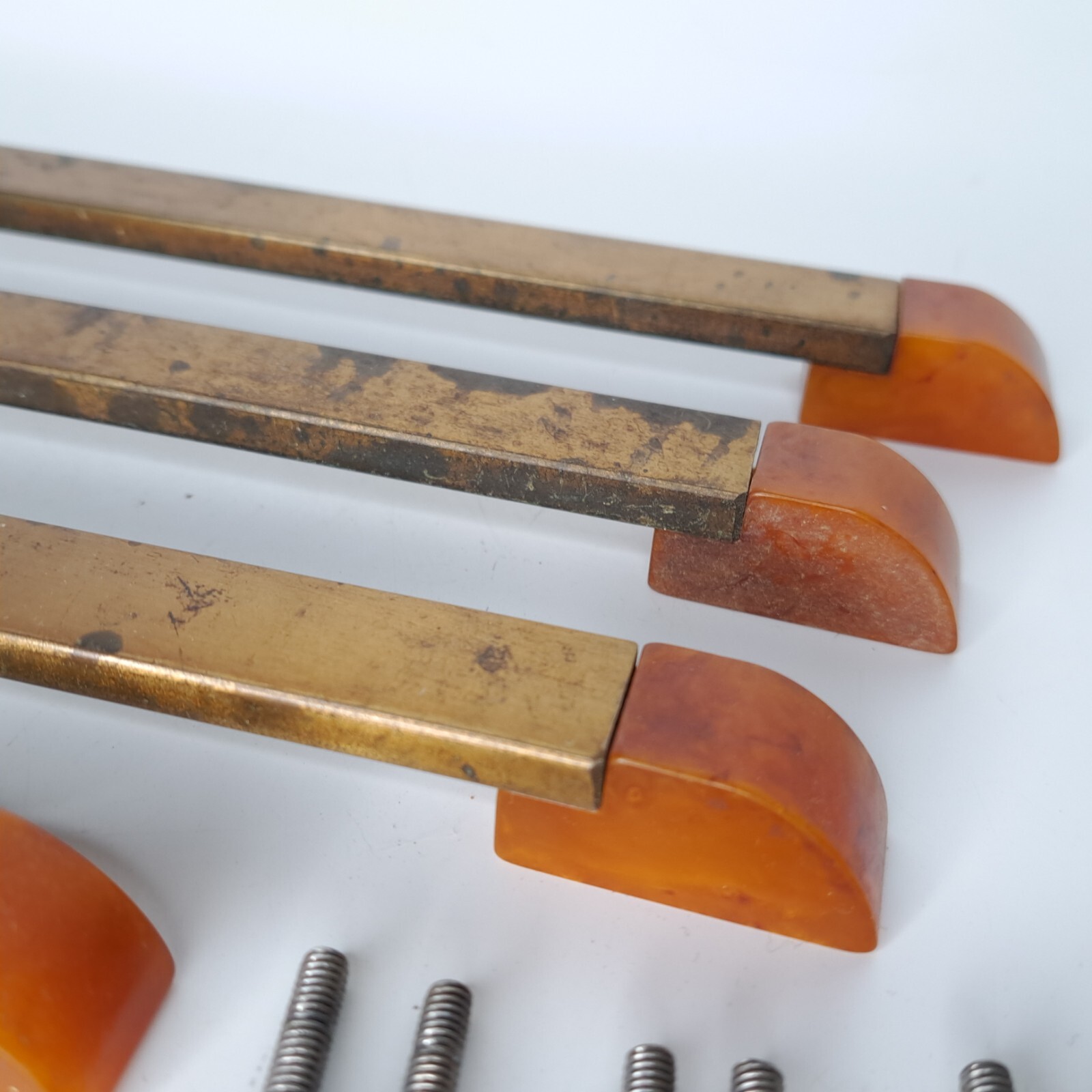 4 Antique ART DECO Butterscotch Bakelite Brass Plated Bar Drawer Pulls Reclaimed