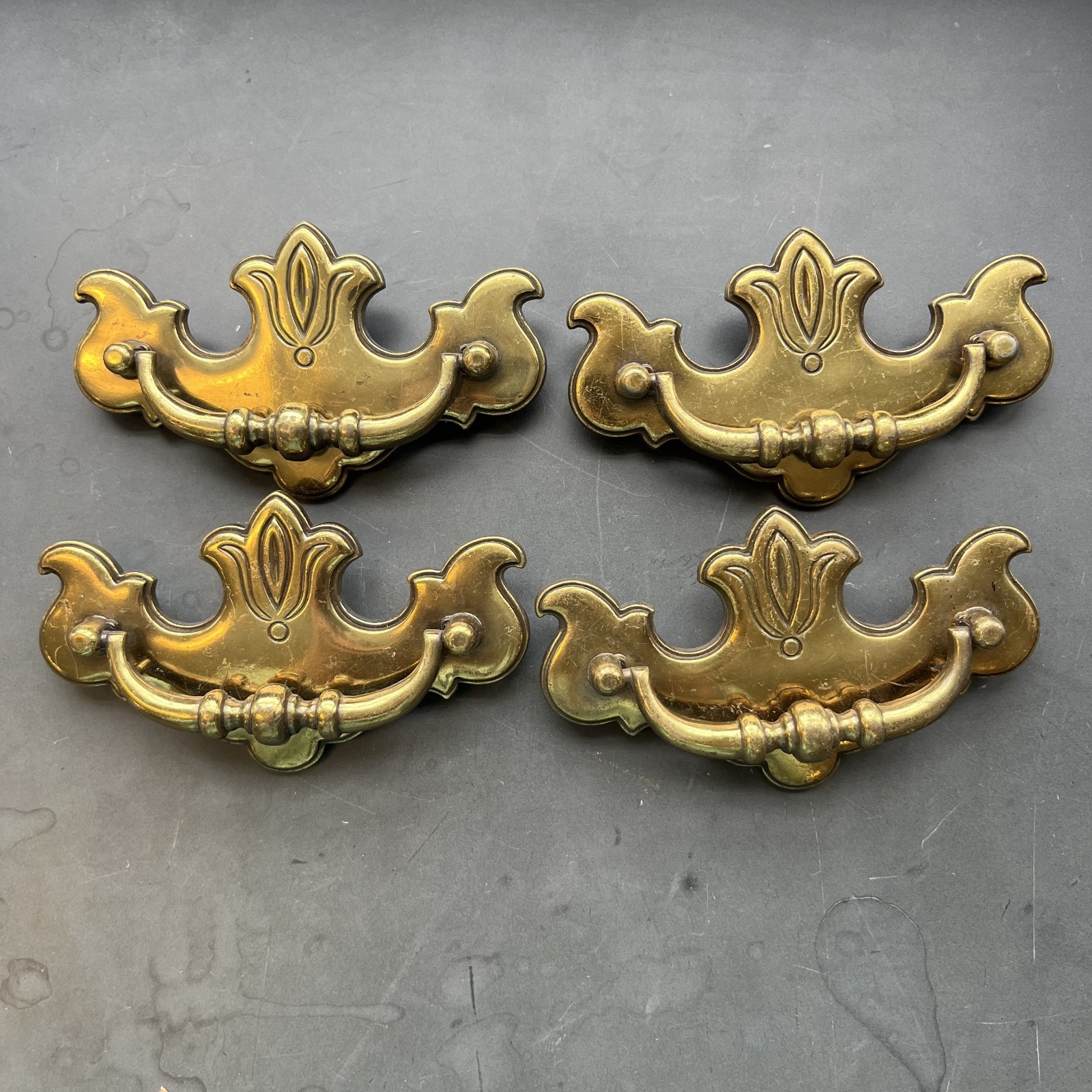 Set of 4 Vintage Brass Chippendale Batwing Drawer Pulls Bail Handles with Screws