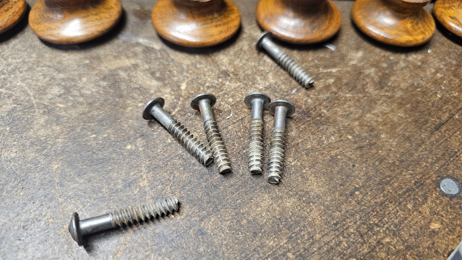 Lot Of 6 ( 1- 3/4) Inch Vintage Wood Used Drawer Pulls With Screws