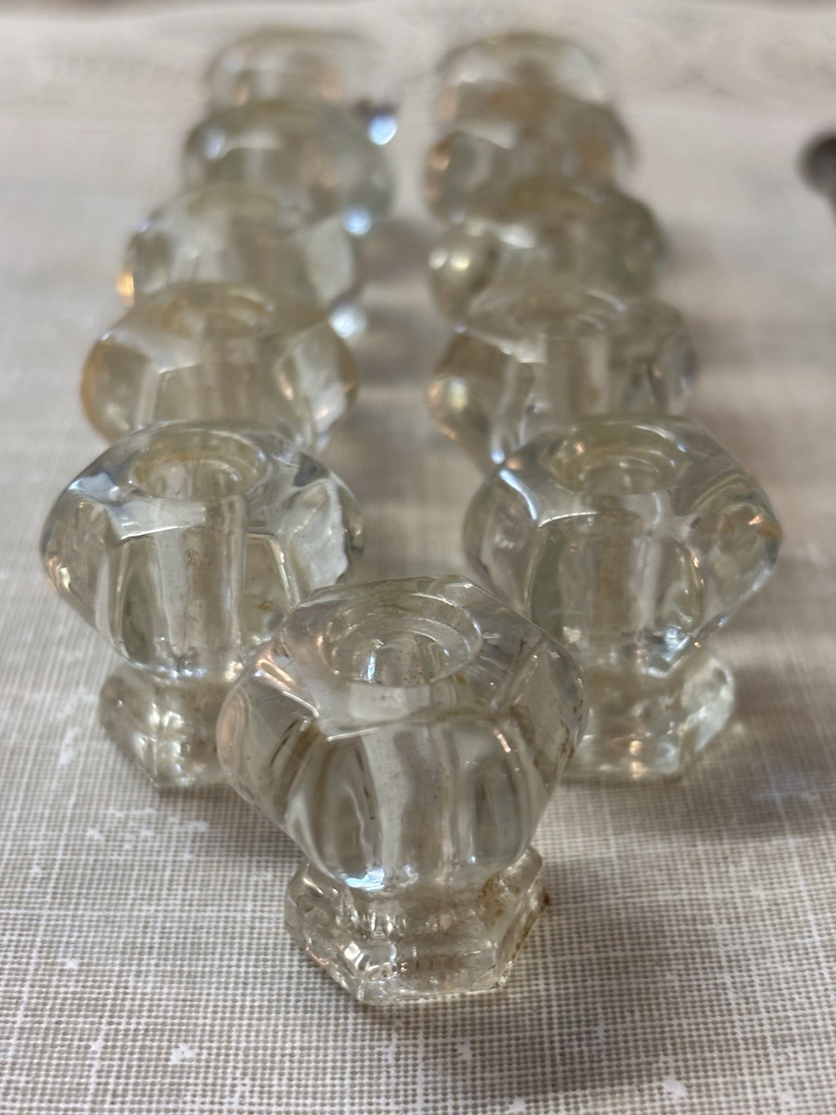 Vtg Set Of 10 Hexagon Shape Clear Glass Drawer Cabinet Pulls With Screws 40’s