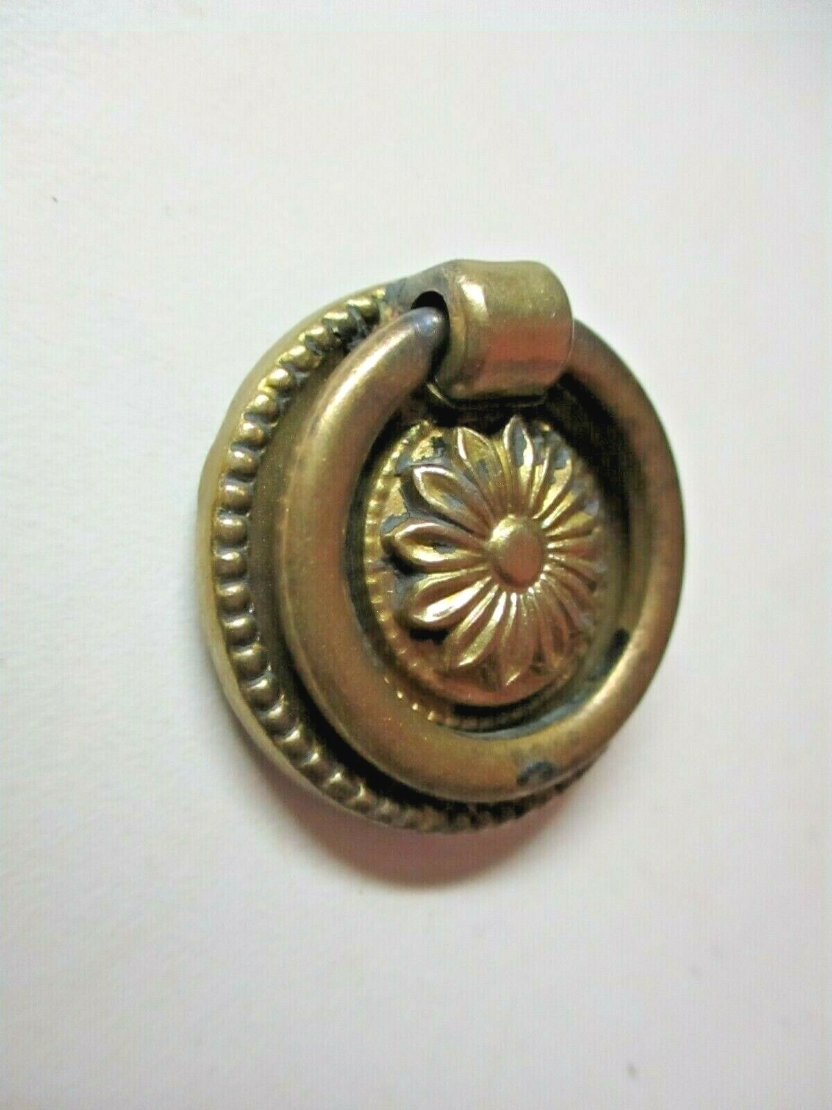 Solid Cast Brass 1850s Floral Drop Ring Pull Handle Flower 1-1/4″ Round Antique