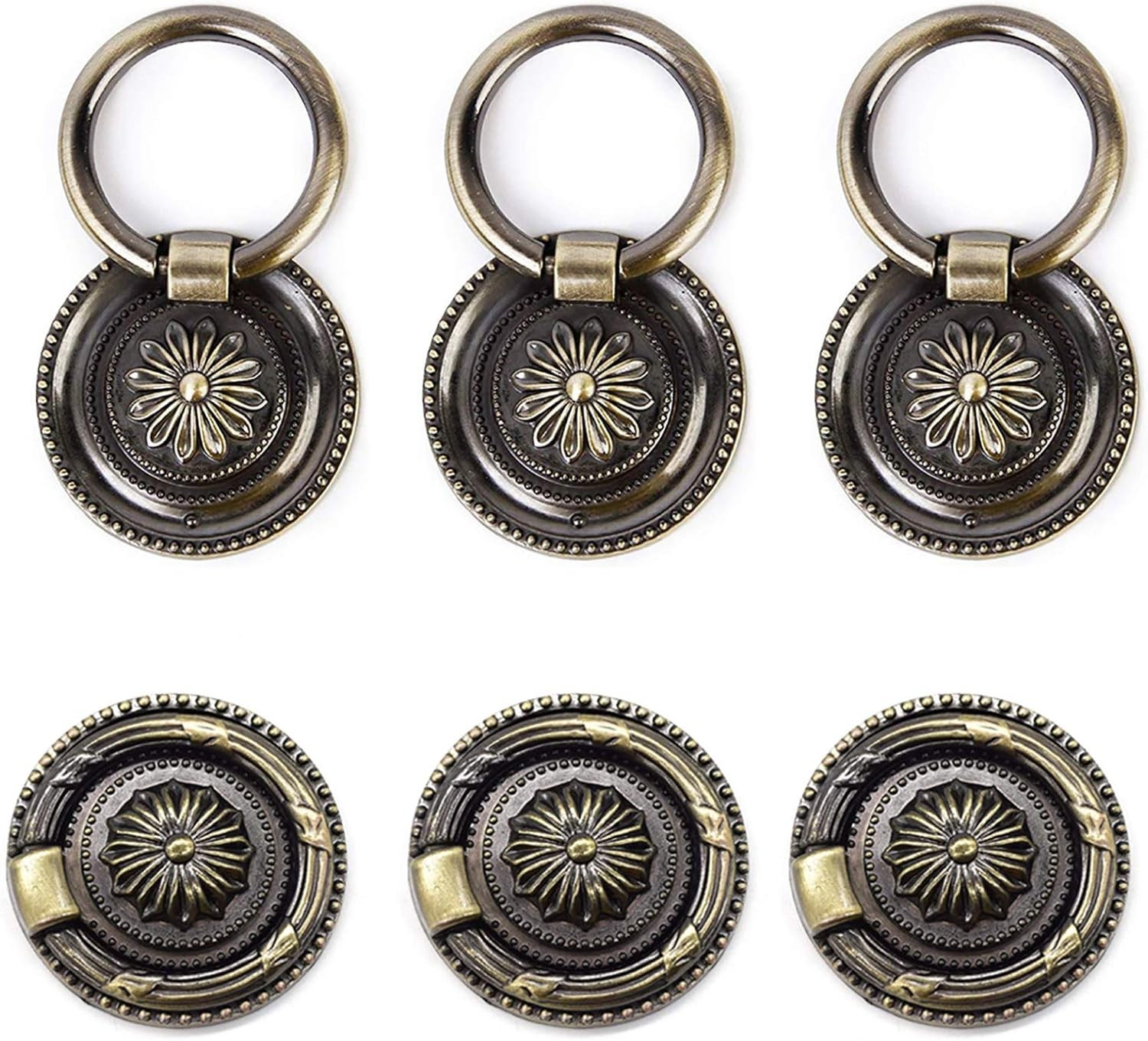 6 Pack Antique Bronze Drawer Pulls 1.77″ Round Ring Handles Cabinet Knobs