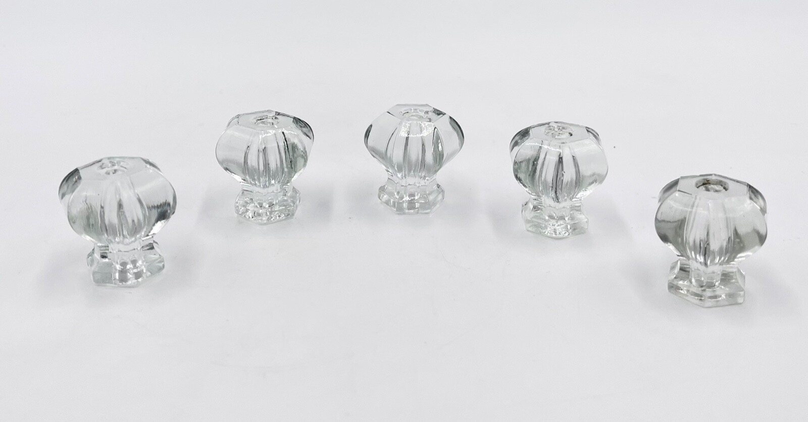 Lot of 5 Vintage Clear Glass 6-Sided Cabinet Pulls / Drawer Knobs, Small Hex Top