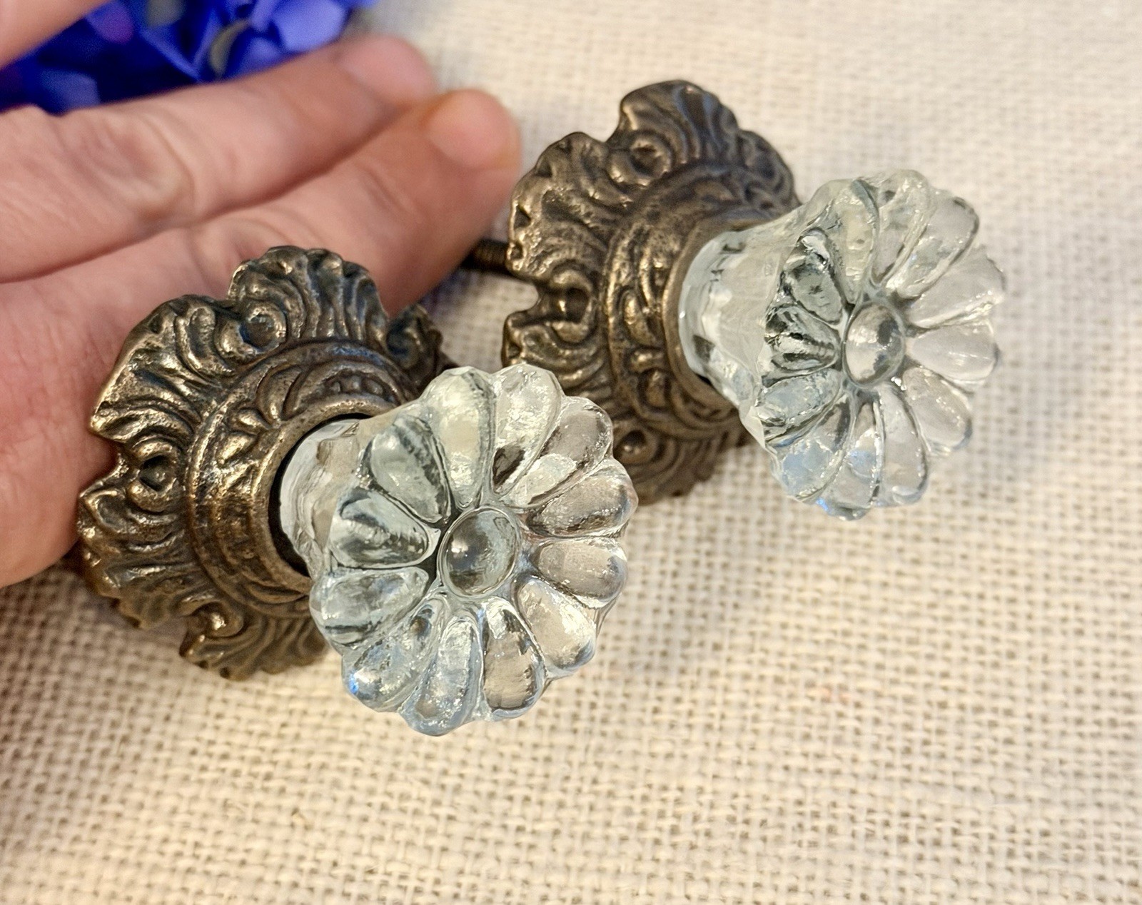 Antique Bronze w/Glass Drawer Pulls Hardware Handles Vintage Cabinet Door Knobs