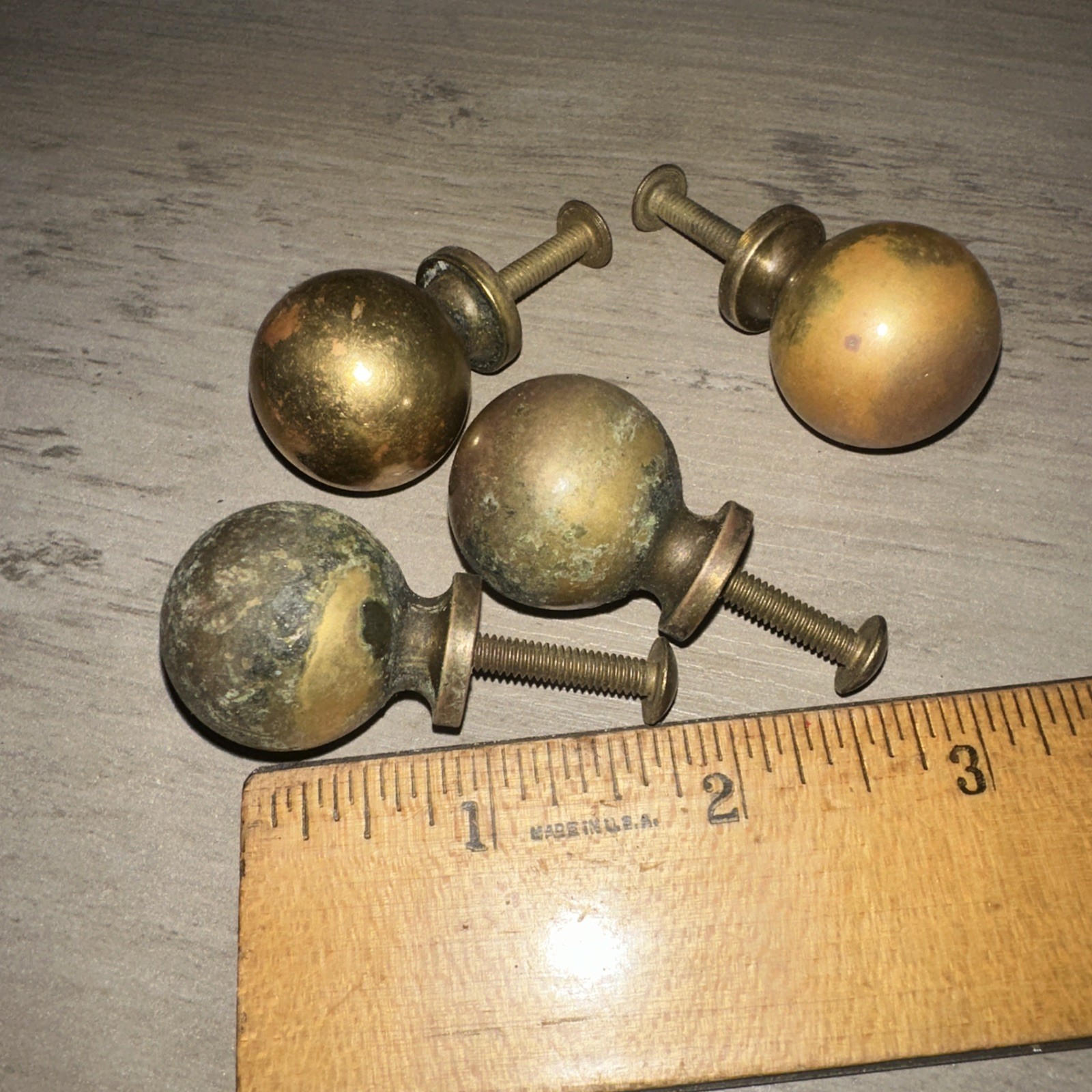 4 Solid Brass Drawer Pulls Round Cannon Ball Style Nice Patina! #3
