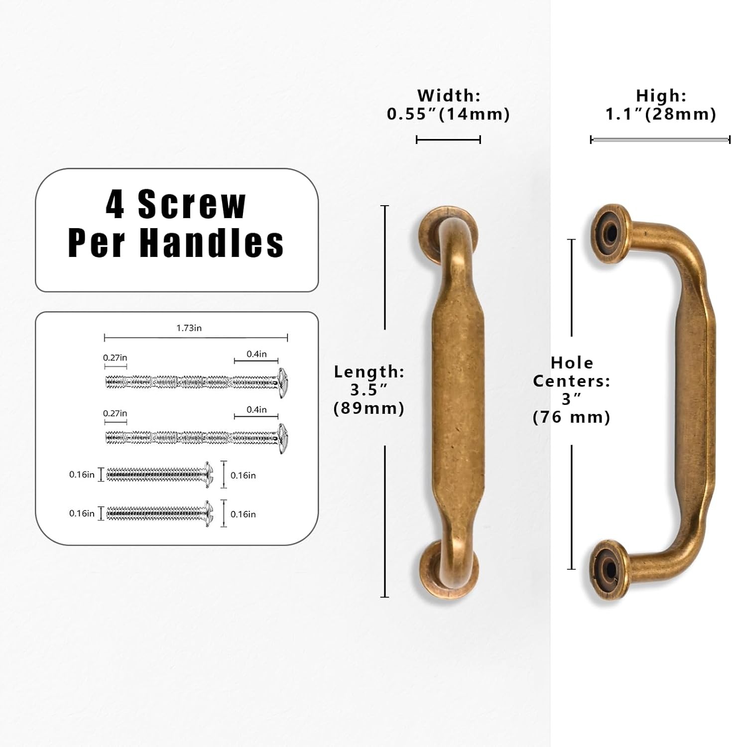 10pk Antique Brass Cabinet Pulls 3in Vintage Retro Drawer Hardware