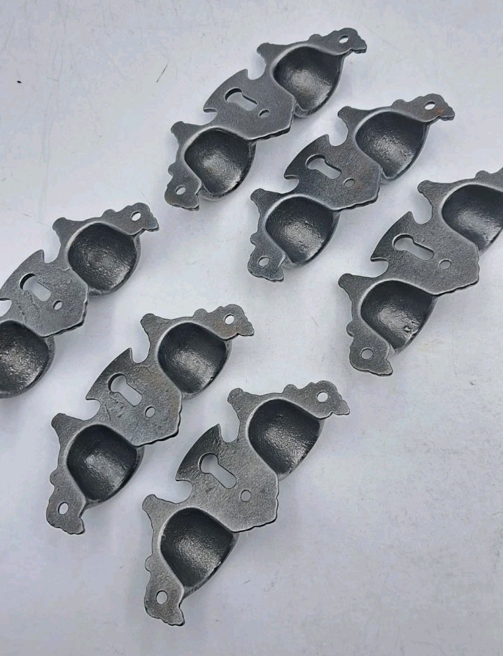 Antique Bin Pulls Eastlake Two Finger Handles Unique Cast Iron Hardware Set of 6
