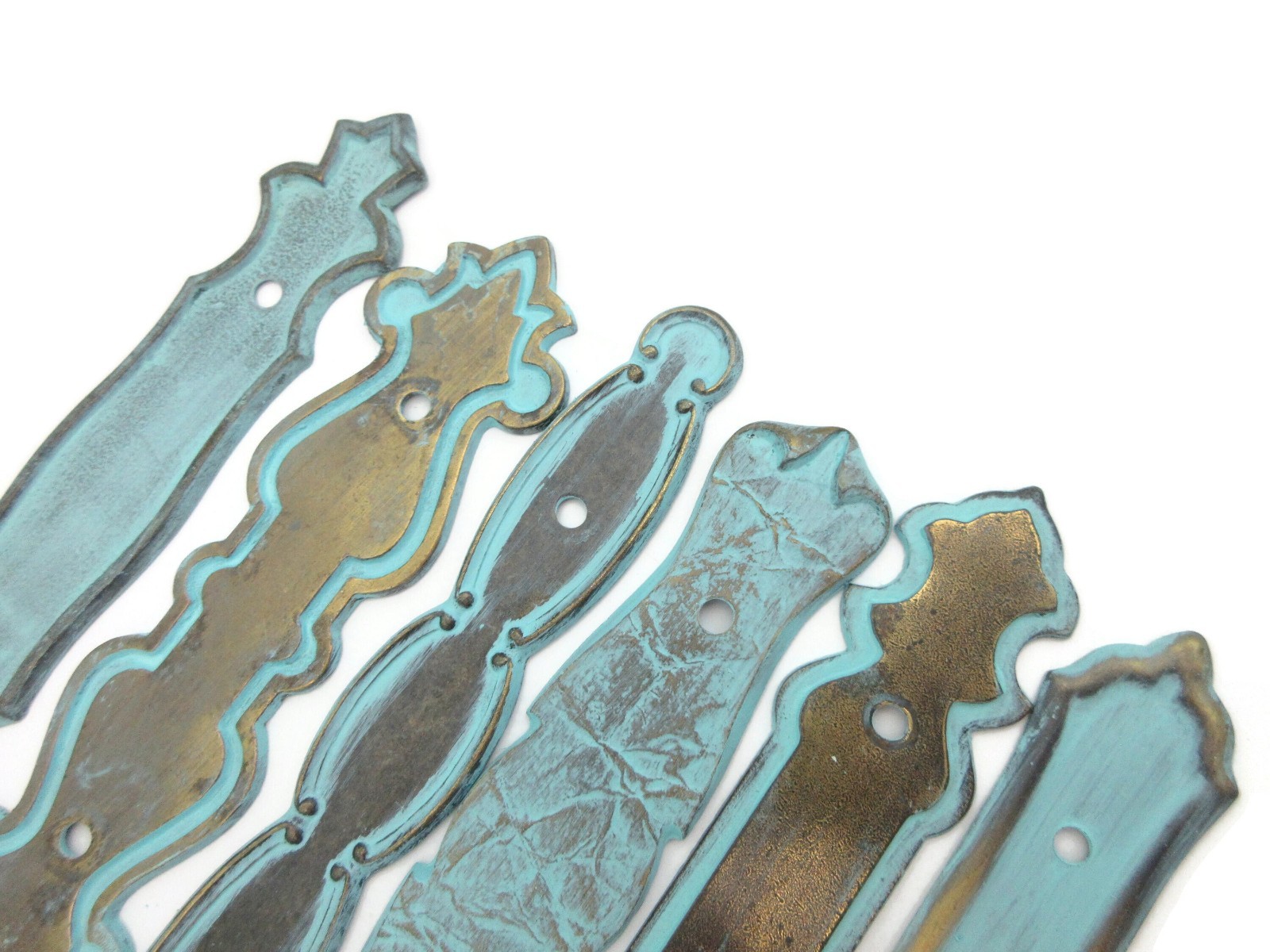 Set of 6 vintage backplates Distressed Turquoise Brass Color 3″ Centers LH8