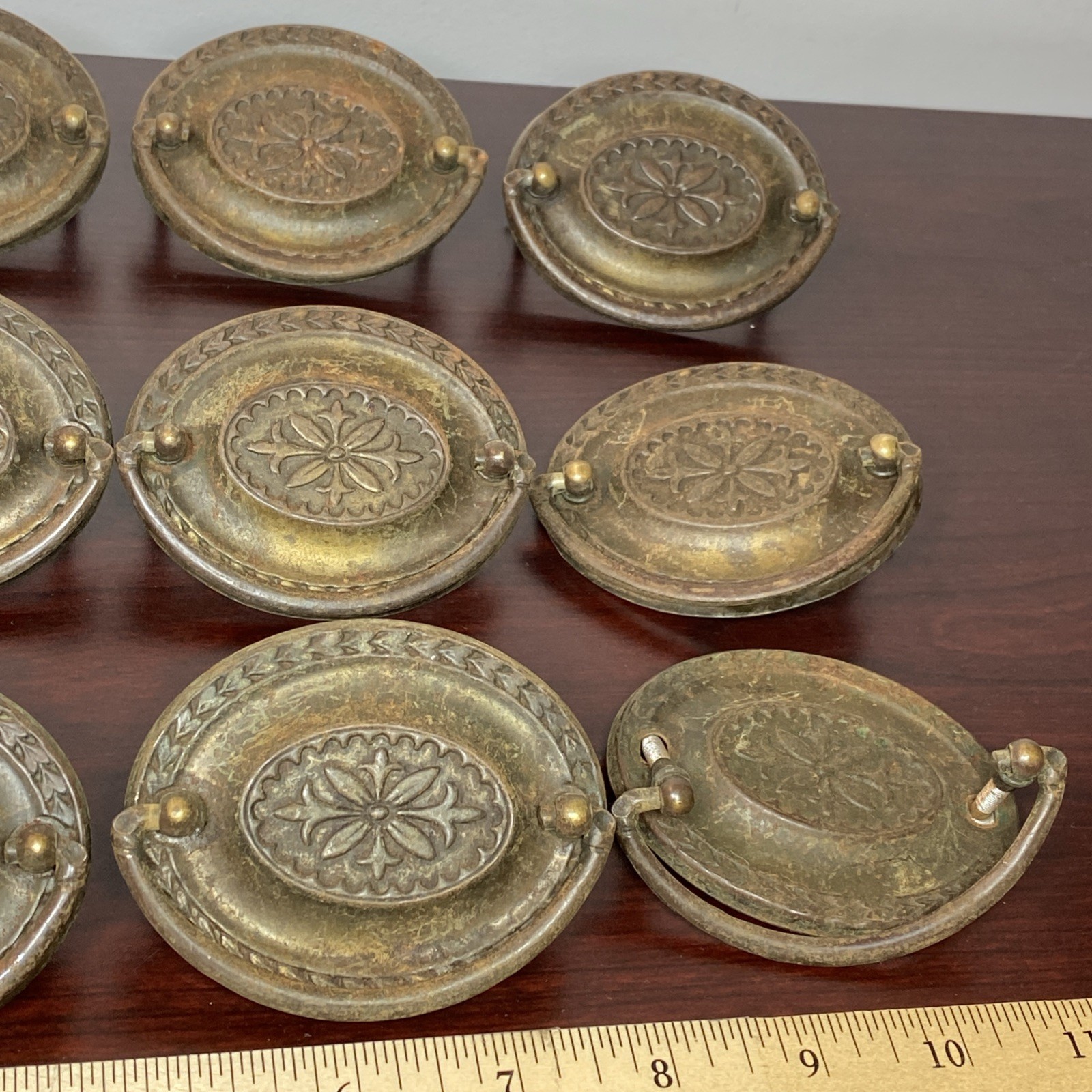 2.5” Hepplewhite Drop Bail Oval Antique Brass Plated 12 Vtg drawer Pulls handles
