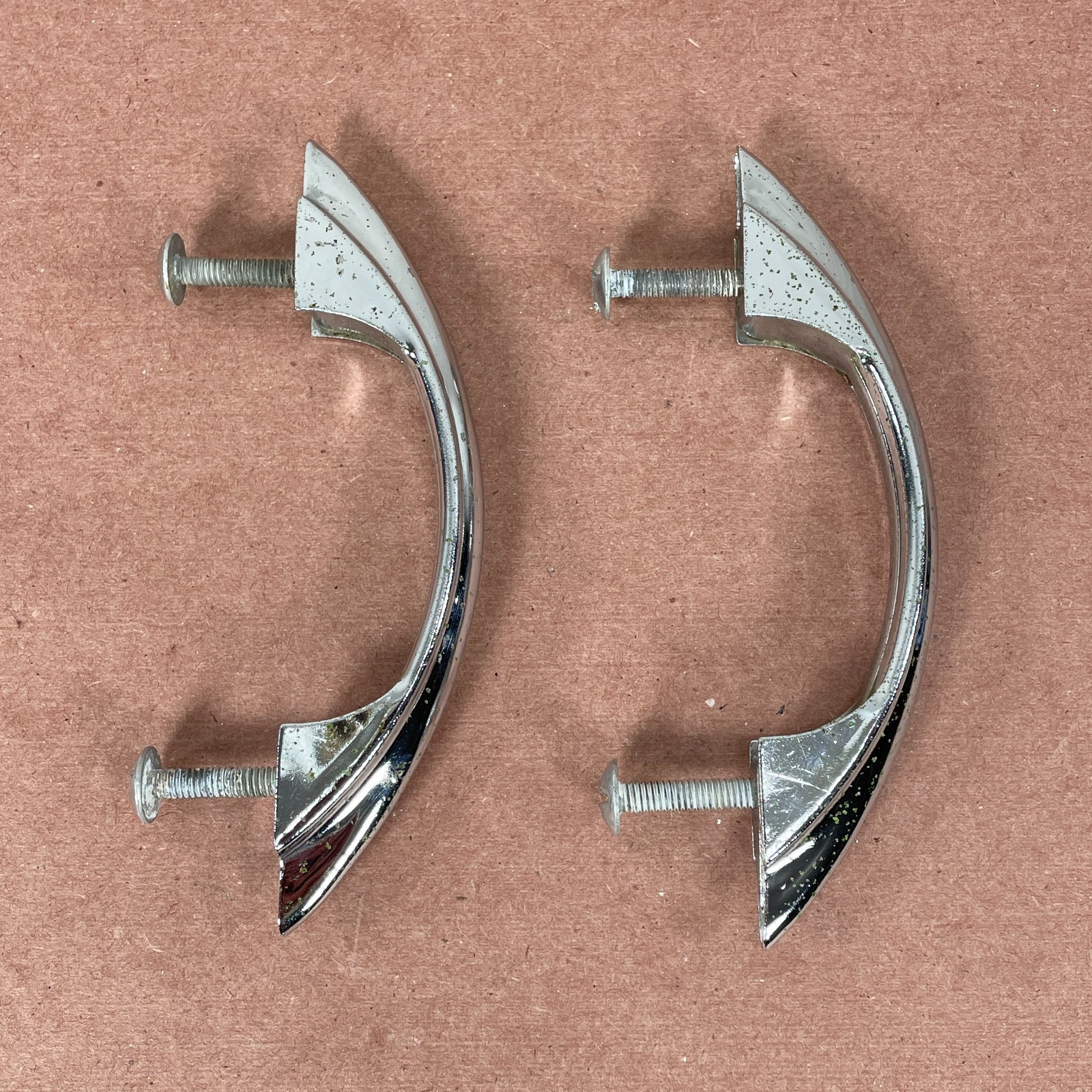 2 Vintage Chrome Plated Cabinet Pulls ( Similar to Youngstown & Amerock E311 )
