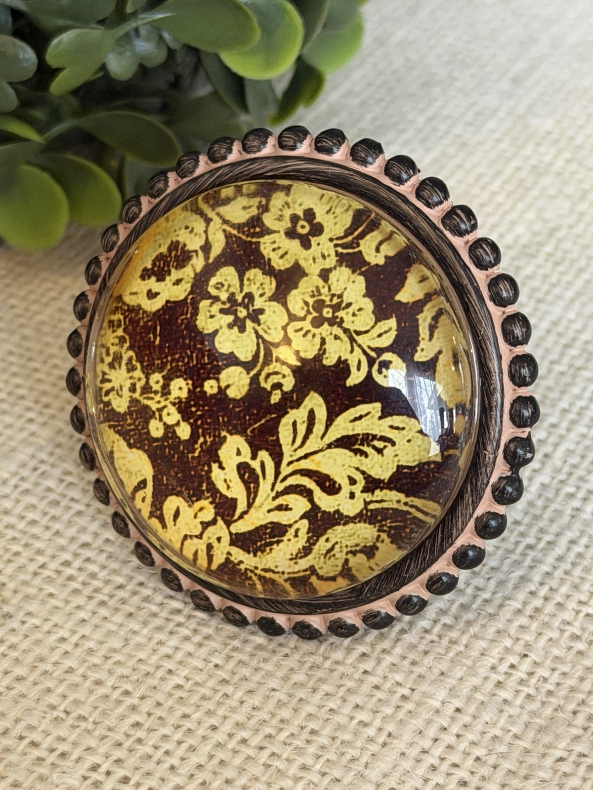 Large Floral Cast Iron Distressed Cream Brown Knobs Glass Floral Leaf Knobs Pull