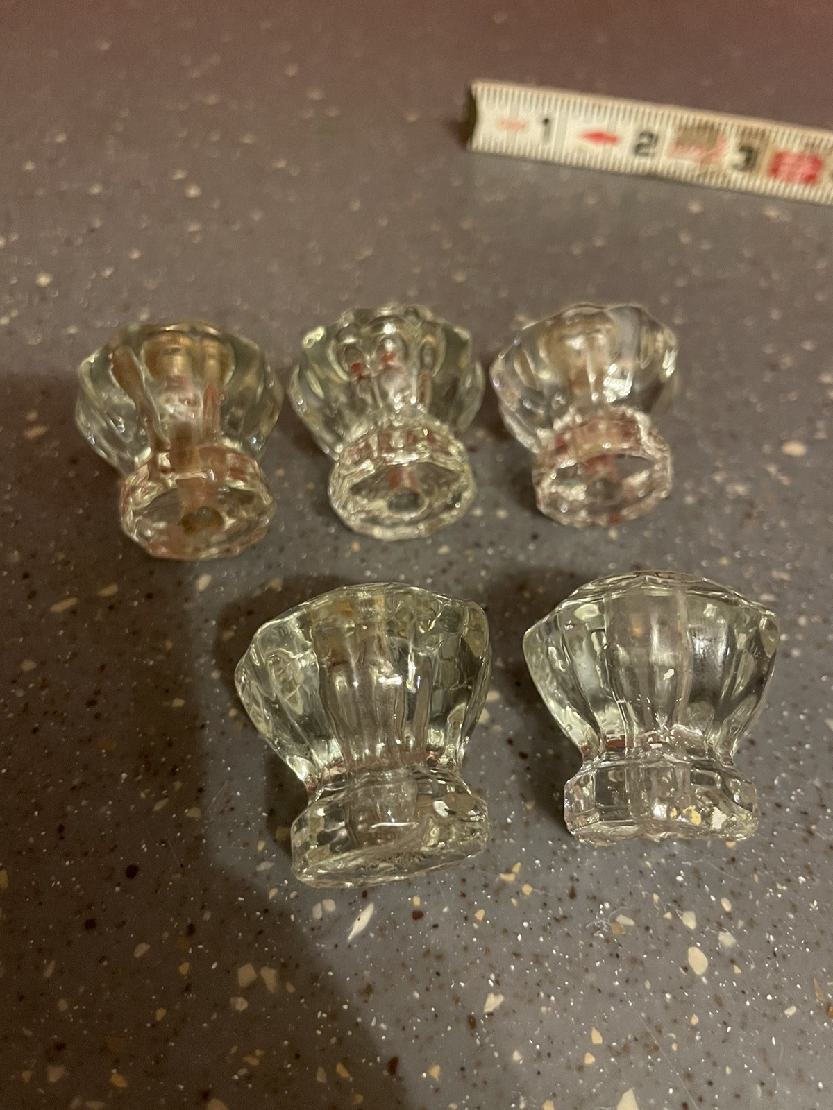 Set of 5 Vintage Depression Style Hexagon Clear Glass Drawer/ Cabinet Knob Pulls