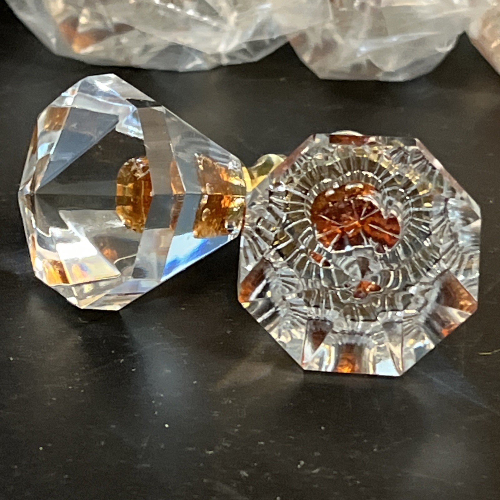 6 Vtg Clear & Amber Glass Diamond Cut Drawer Pulls Knobs 1.5″ Brass Hardware Lot