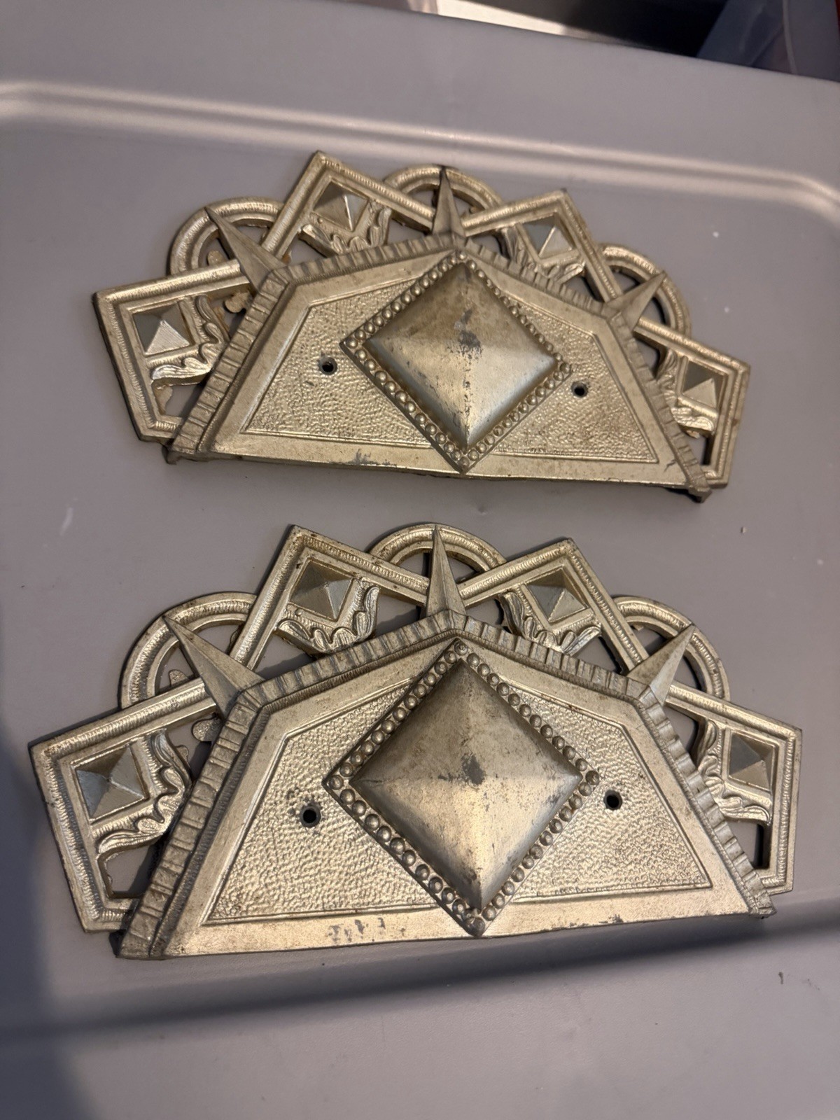 Vintage Art Deco cast metal drawer pull backplates- Vintage Art Deco. Rare