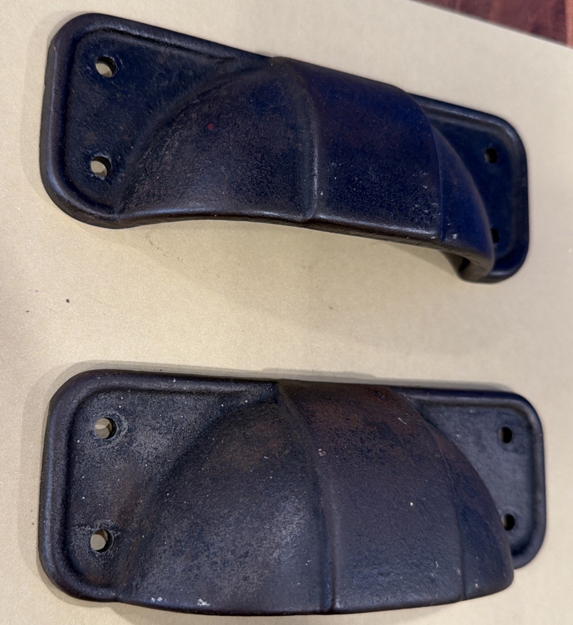 Set of 2 Cast Iron Bin Pulls Rustic Vtg Farm Black W/Rusty Brown Patina Heavy 6”