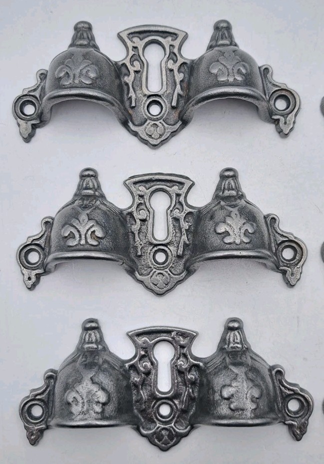 Antique Bin Pulls Eastlake Two Finger Handles Unique Cast Iron Hardware Set of 6