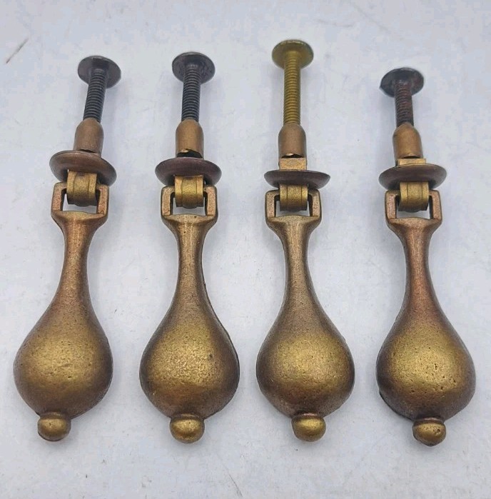 Antique Drop Pull Drawer Door Dresser Handle Old Vintage Brass Hardware Lot of 4